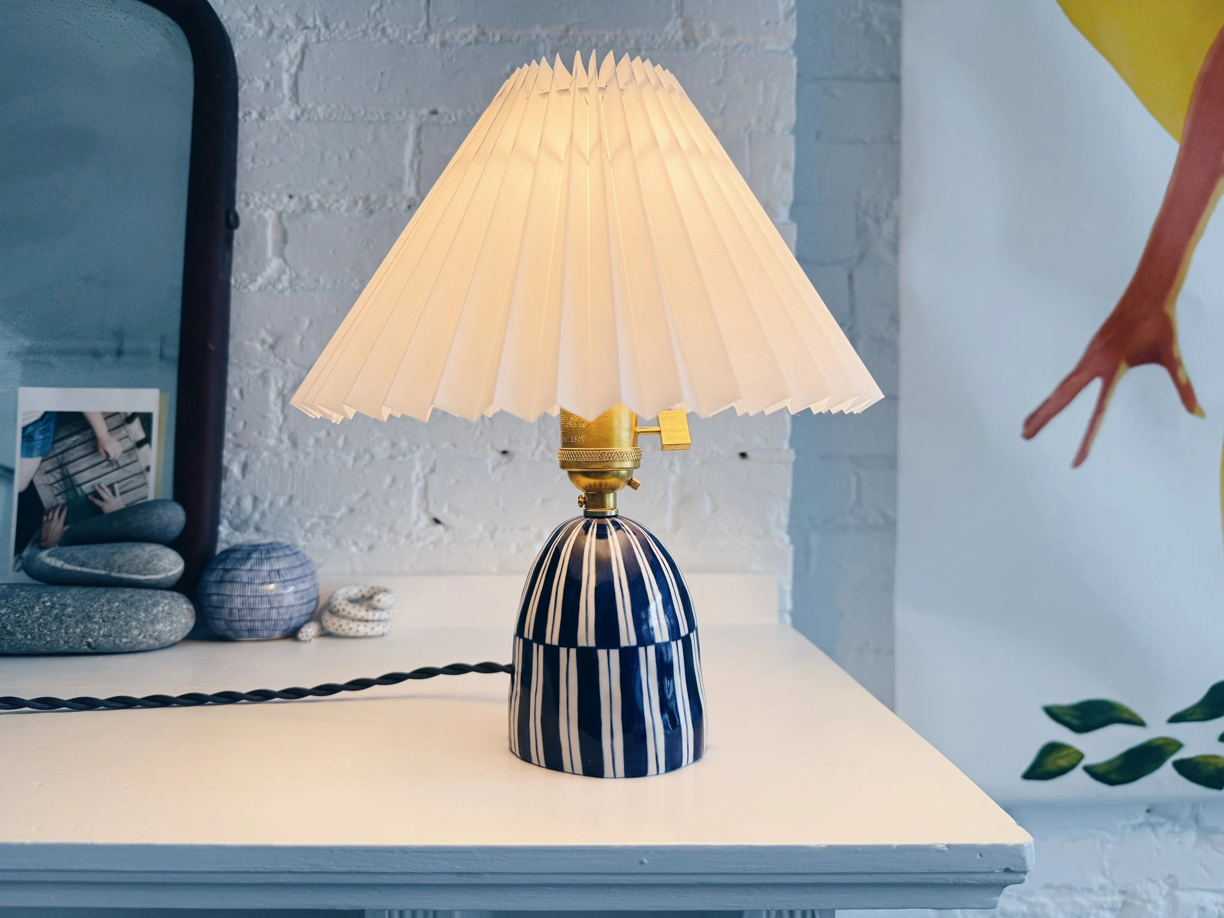 Blue and white, handmade ceramic lamp.