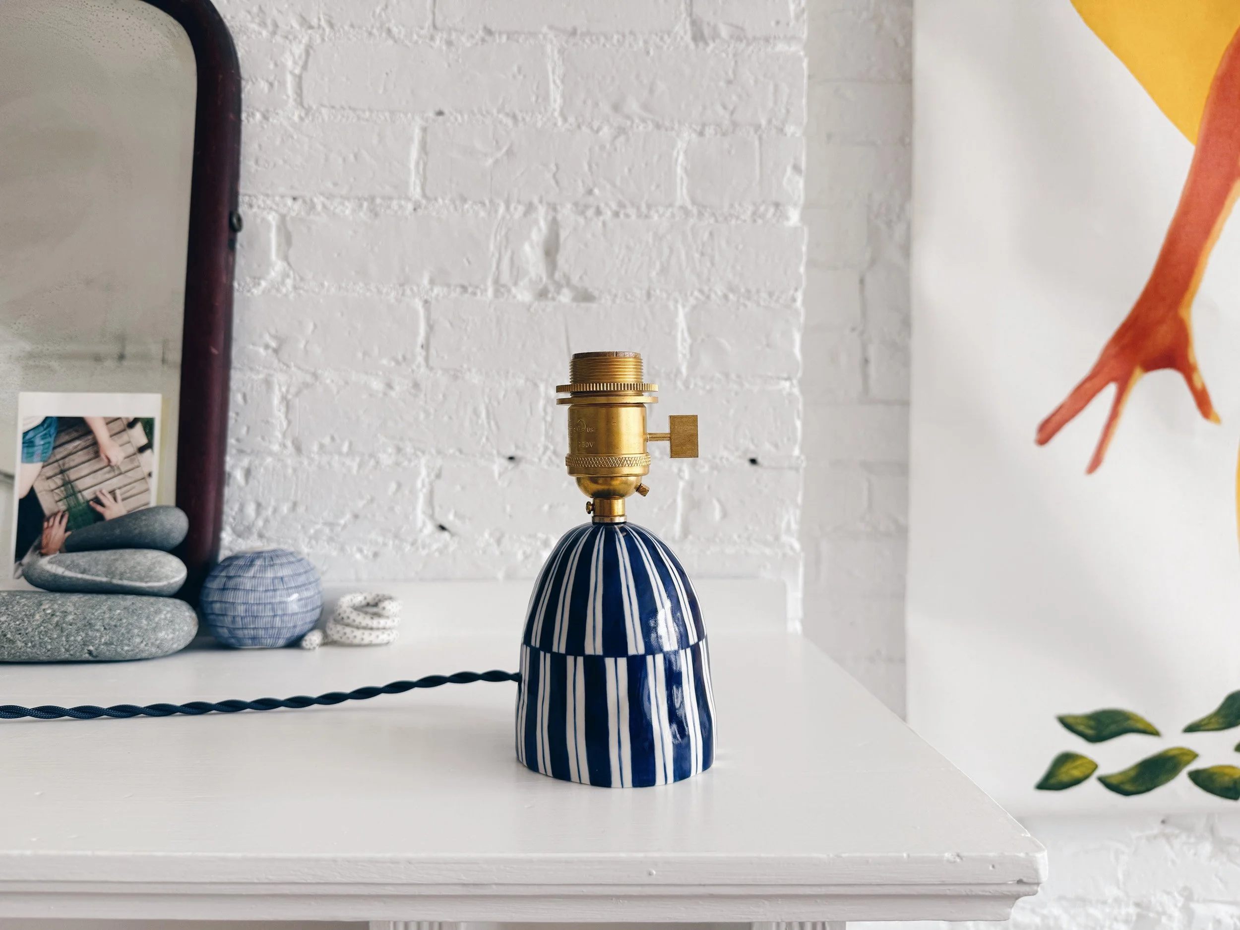 Blue and white, handmade ceramic lamp.