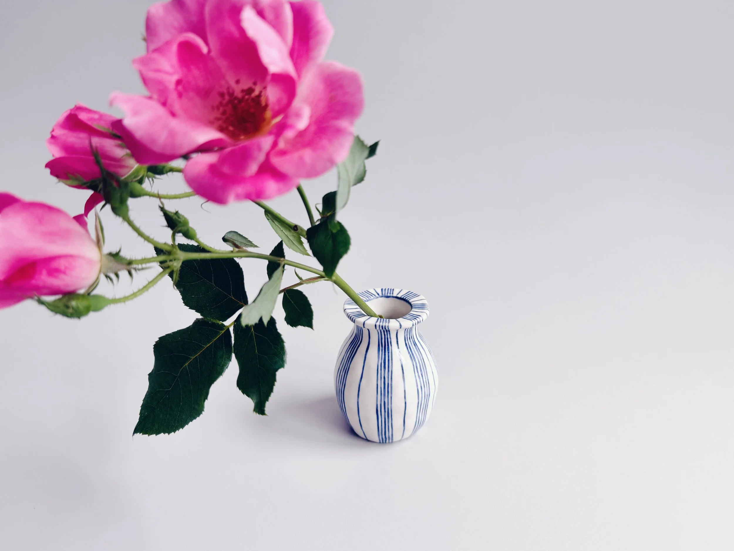 Blue and white, handmade ceramic vase.