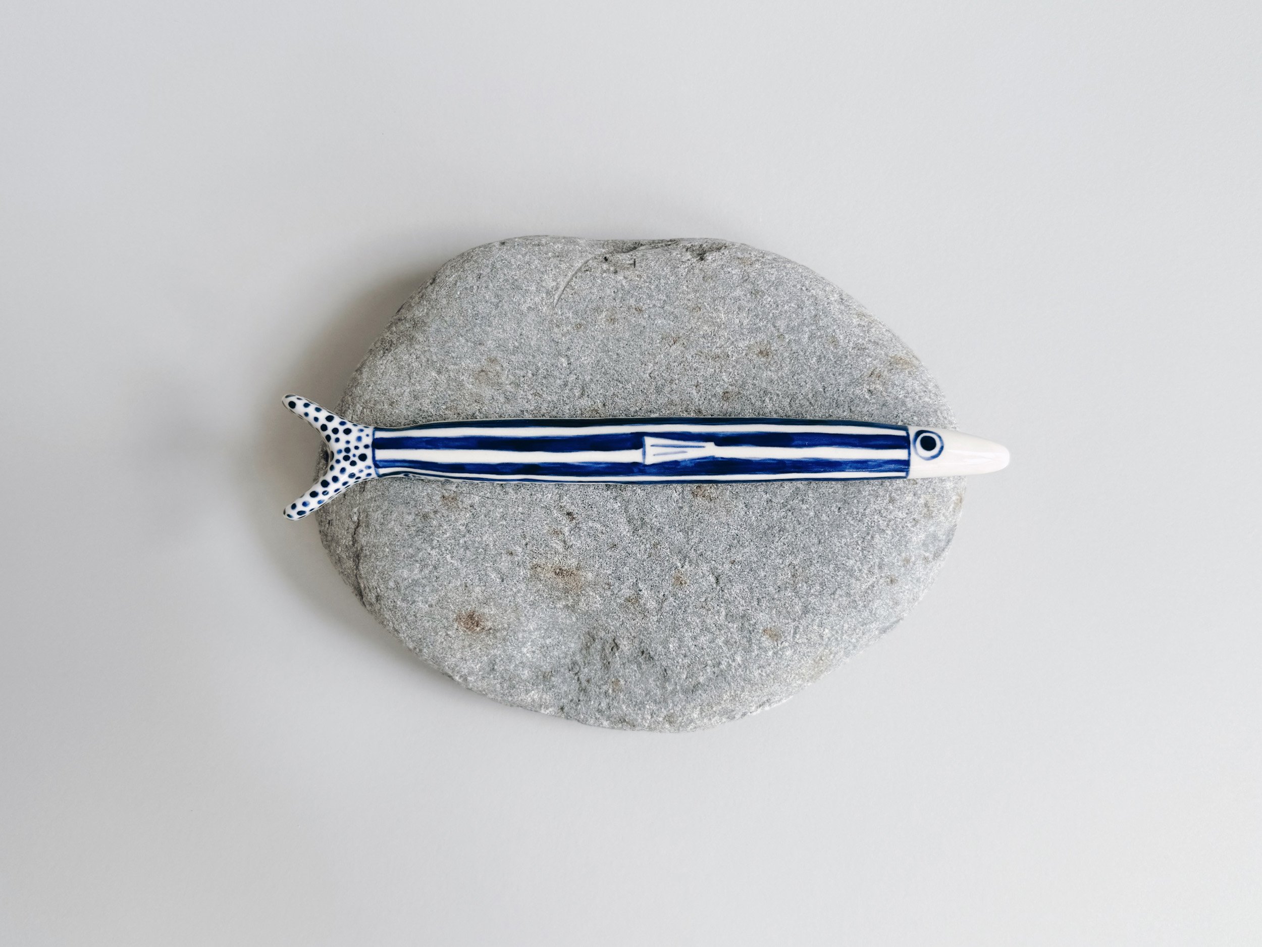 Blue and white, handmade ceramic fish.
