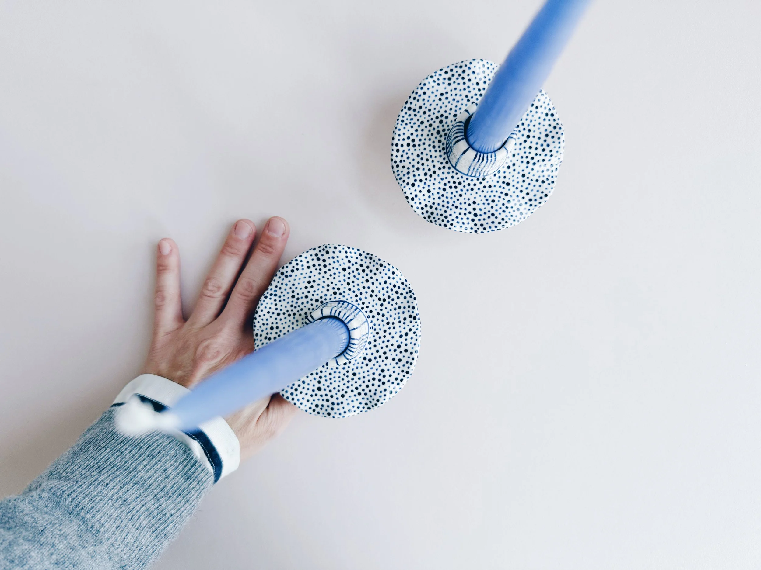Blue and white, handmade ceramic candleholder.