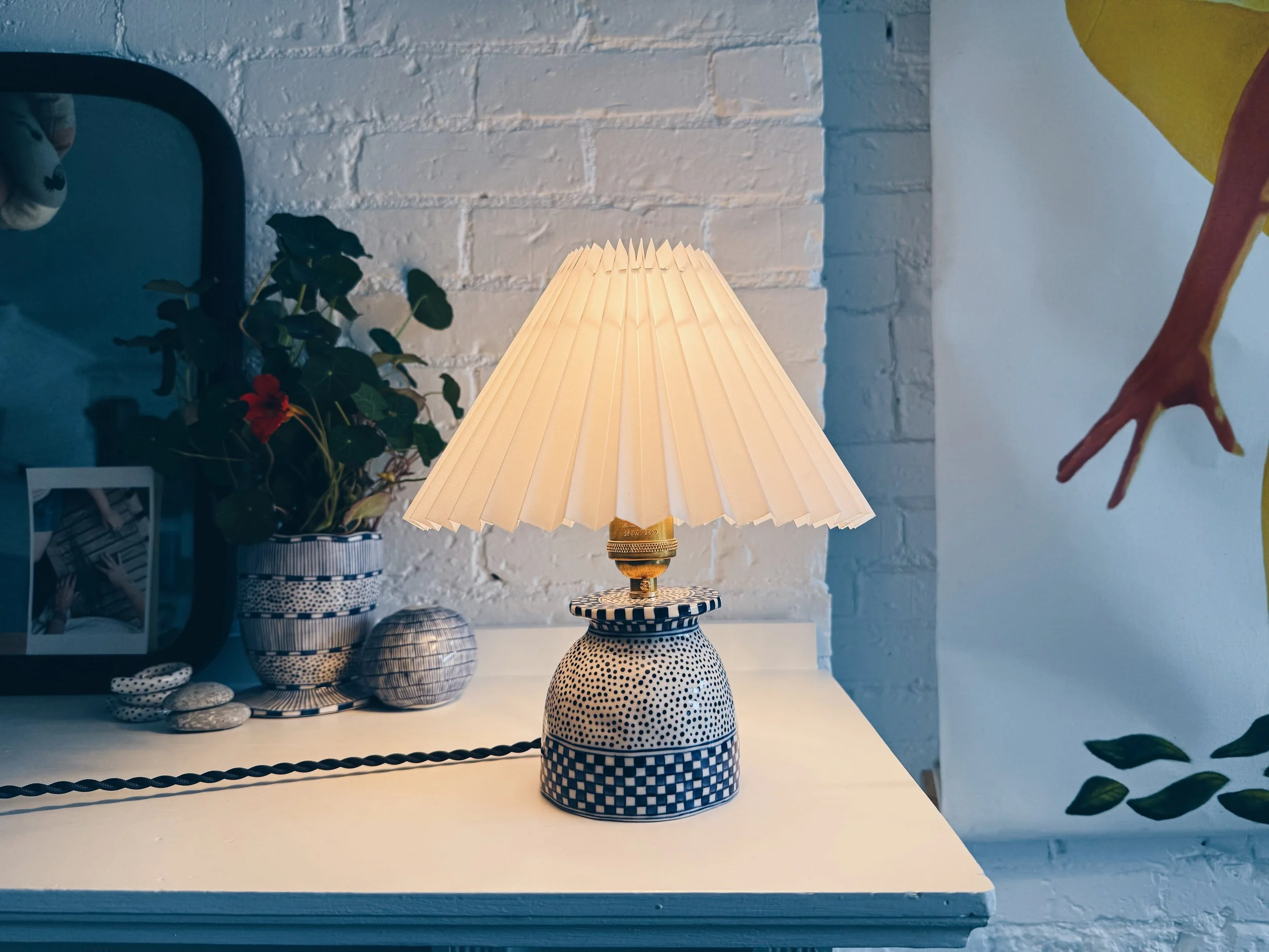 Blue and white, handmade ceramic lamp.