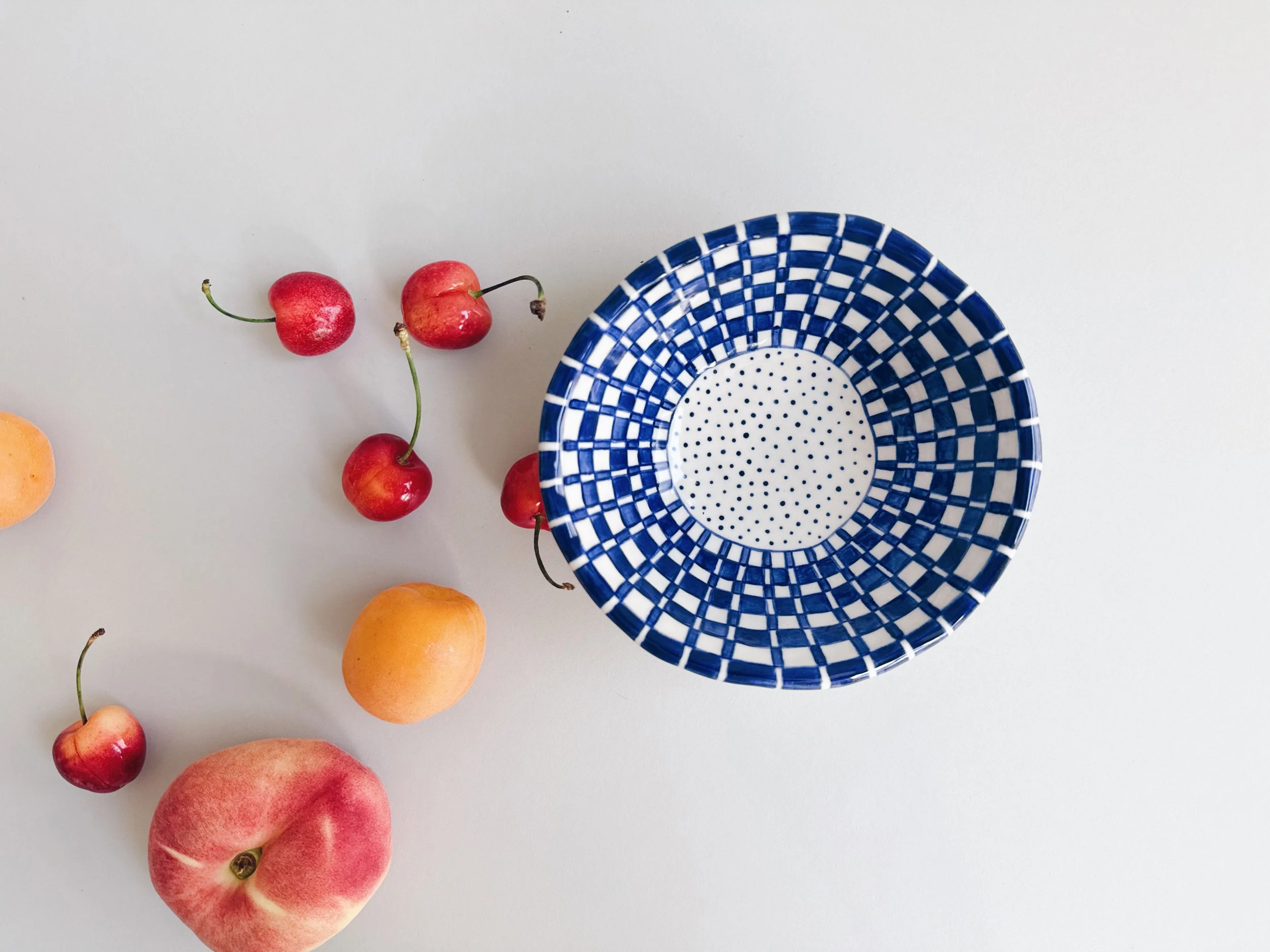 Blue and white, handmade ceramic bowl.