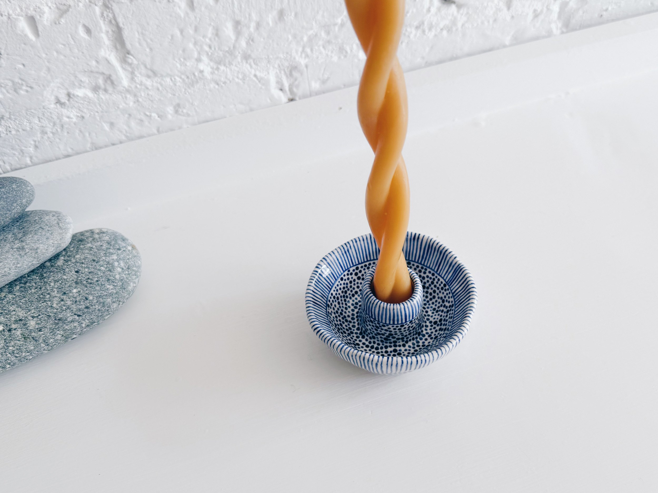 Blue and white, handmade ceramic candleholder.