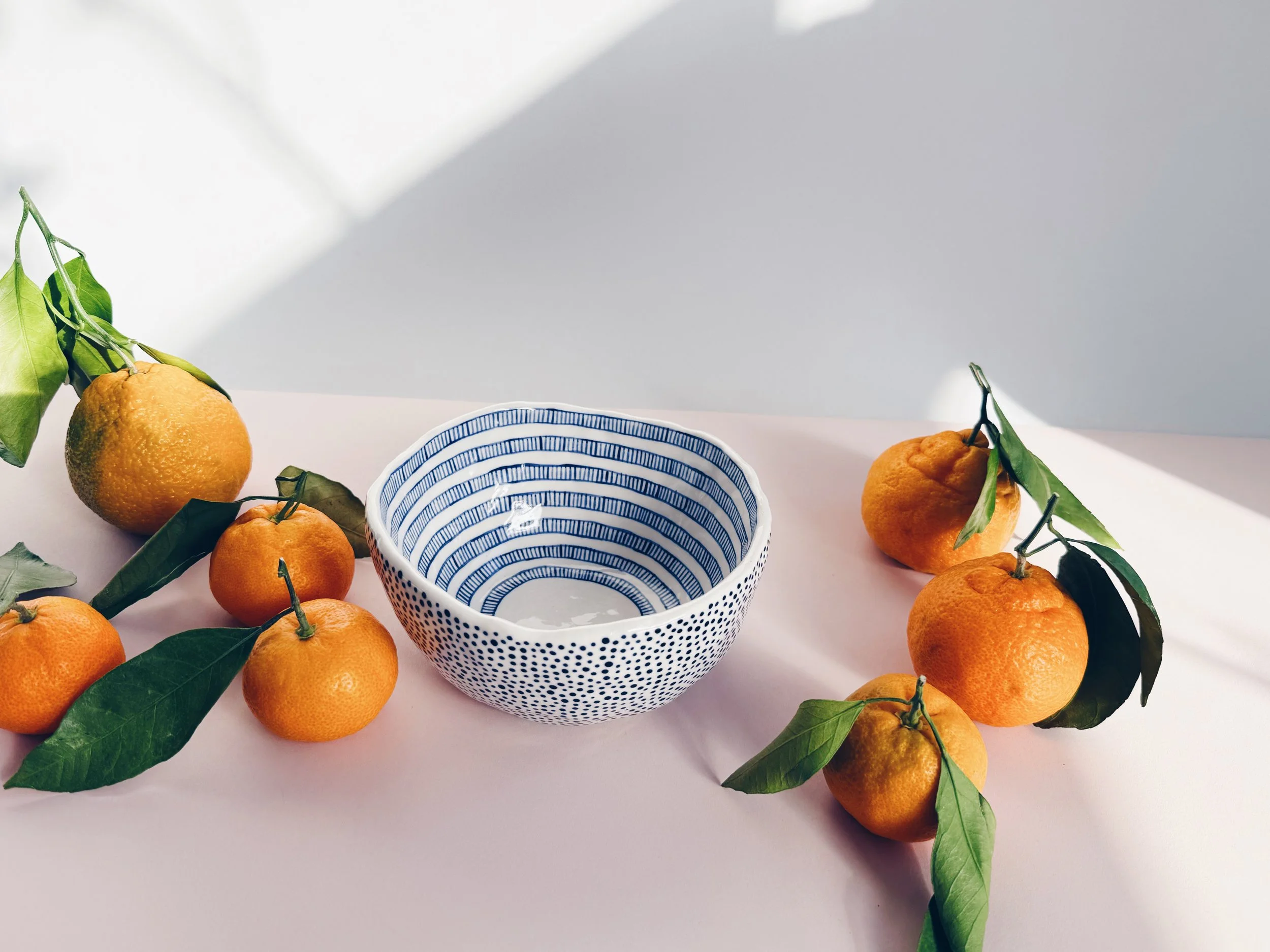 Blue and white, handmade ceramic bowl.