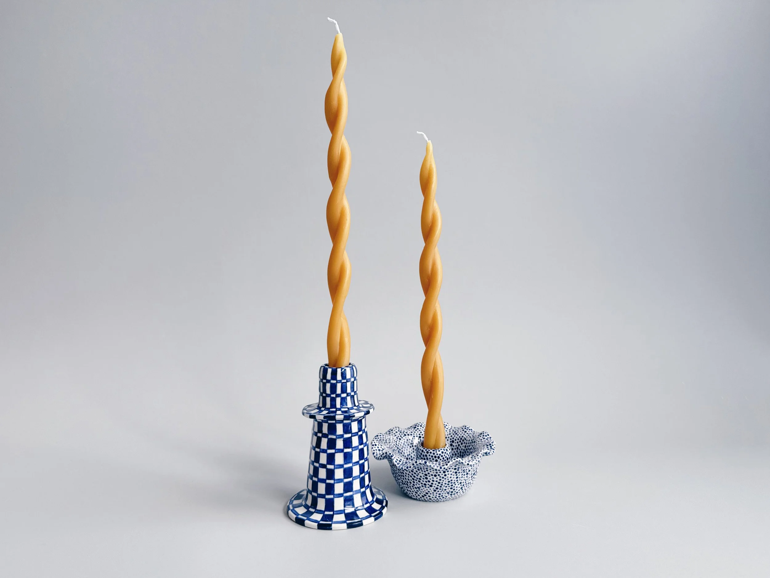 Blue and white, handmade ceramic candleholder.