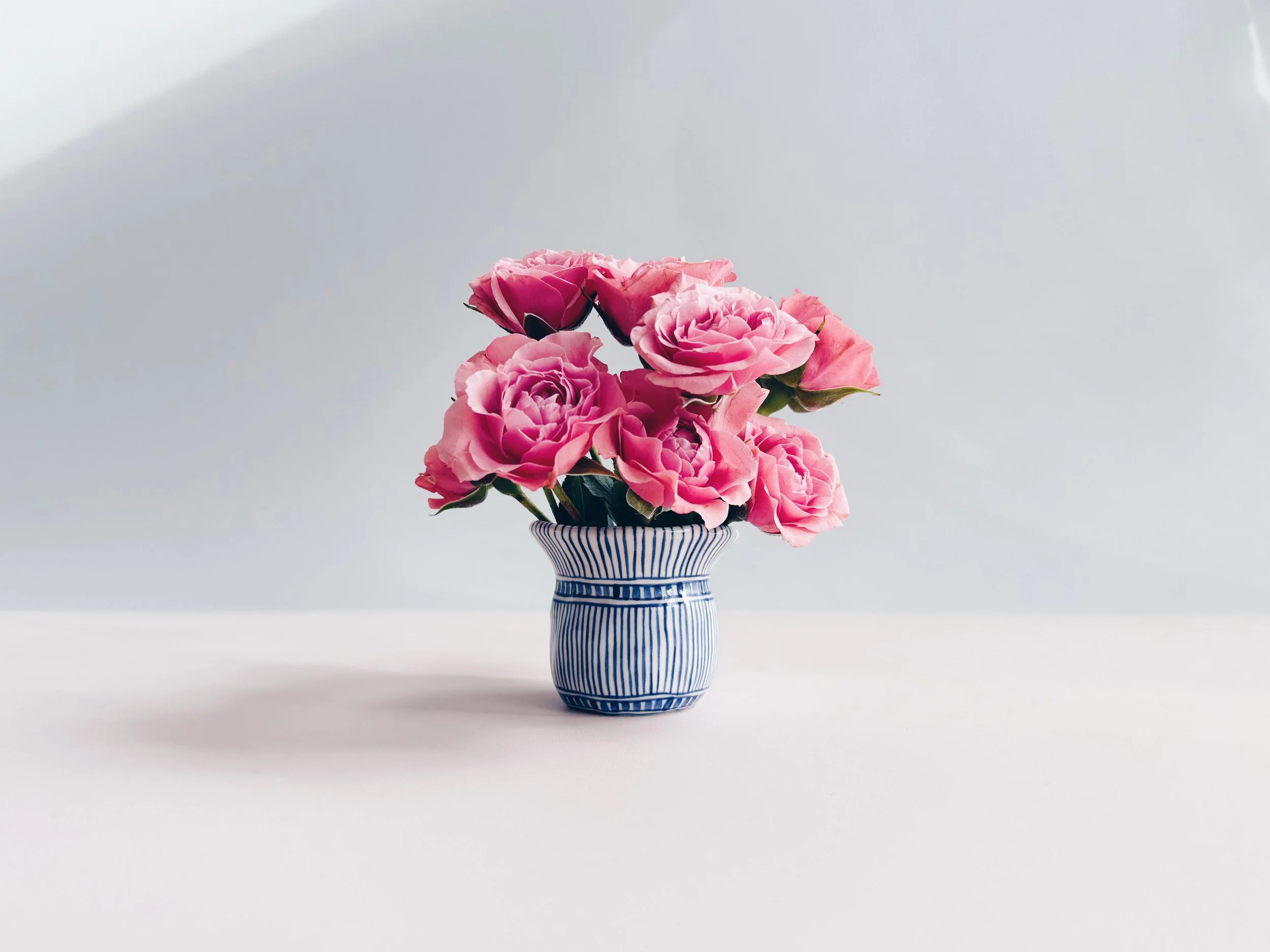 Blue and white, handmade ceramic vase.