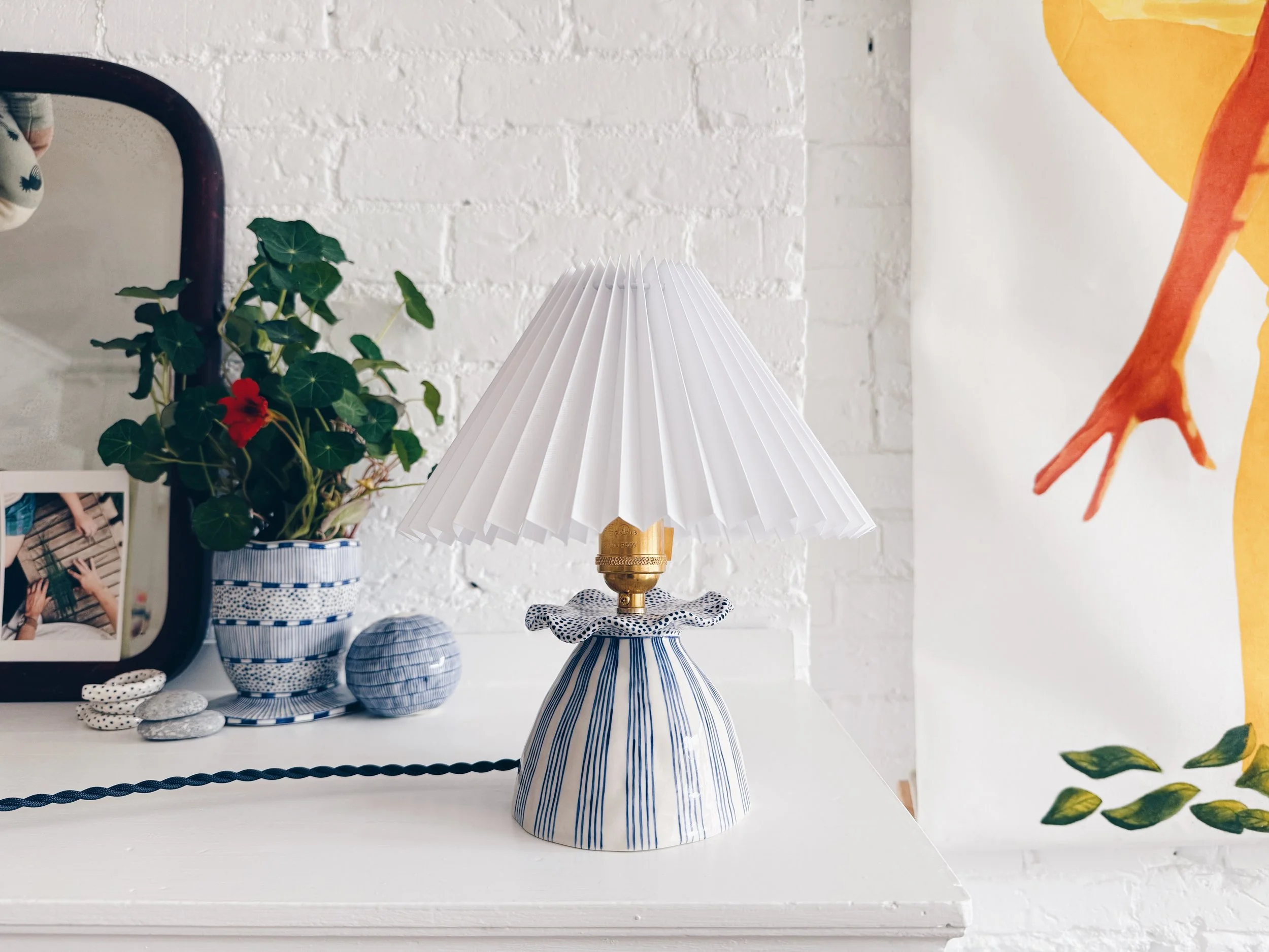 Blue and white, handmade ceramic lamp.