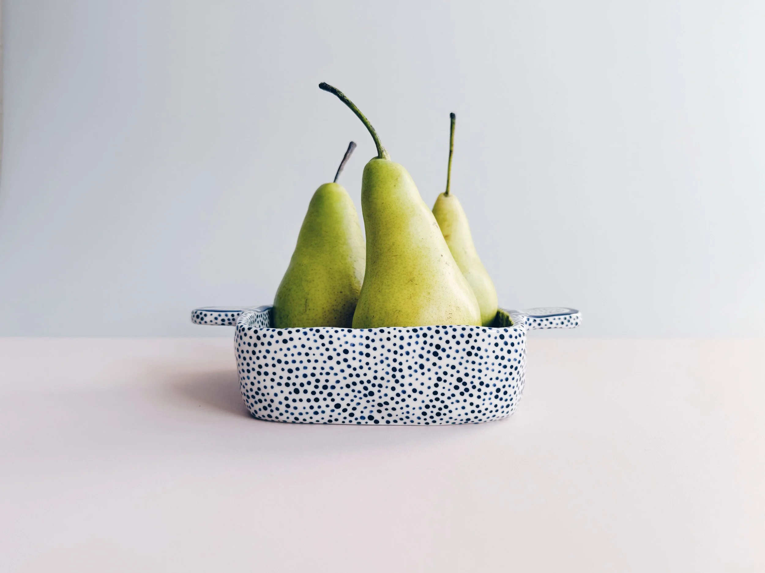 Blue and white, handmade ceramic dish.