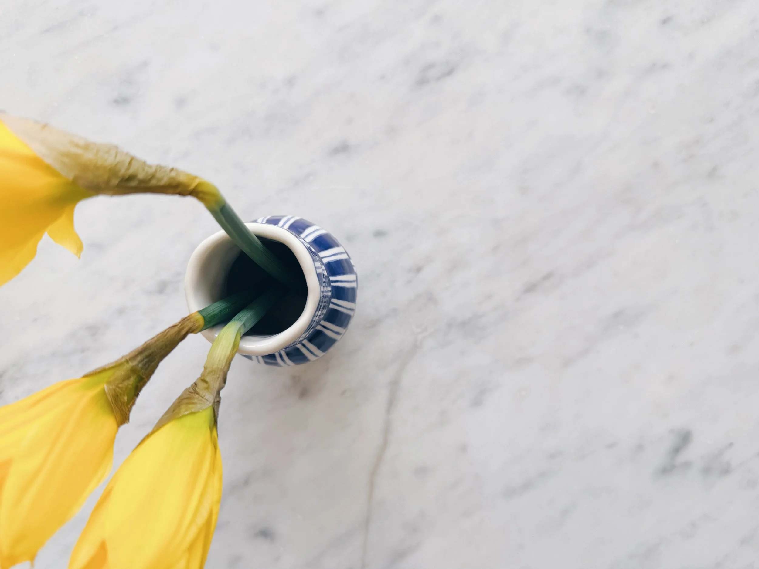 Blue and white, handmade ceramic vase.