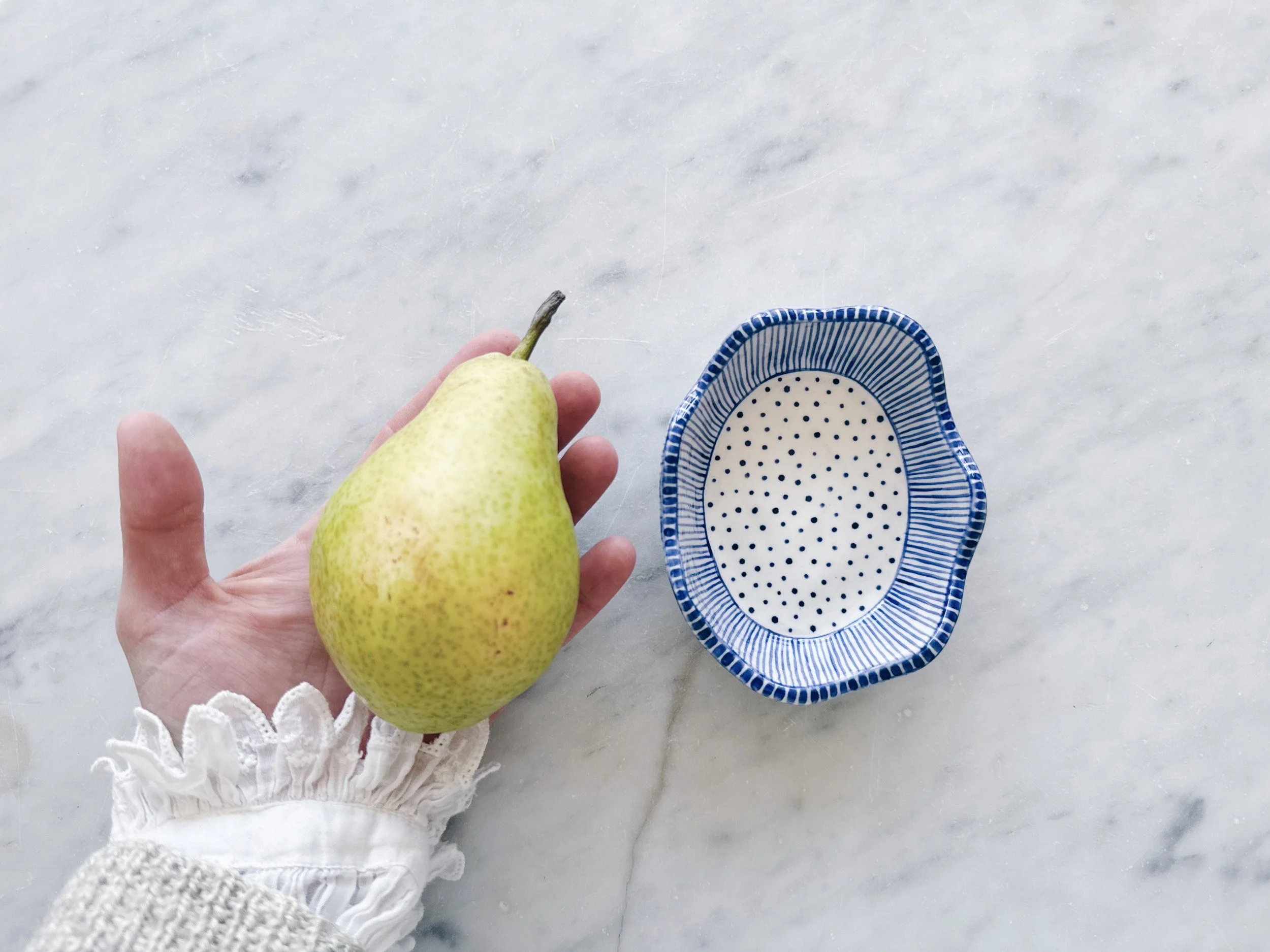 Blue and white, handmade ceramic dish.