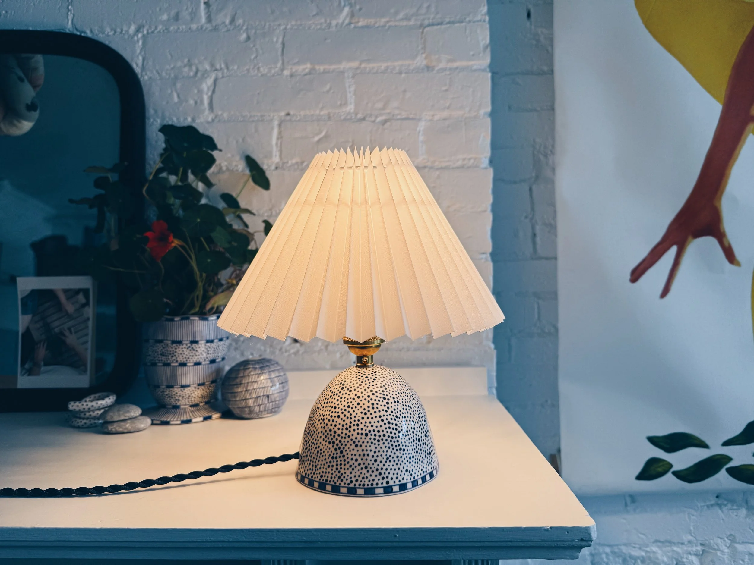 Blue and white, handmade ceramic lamp.