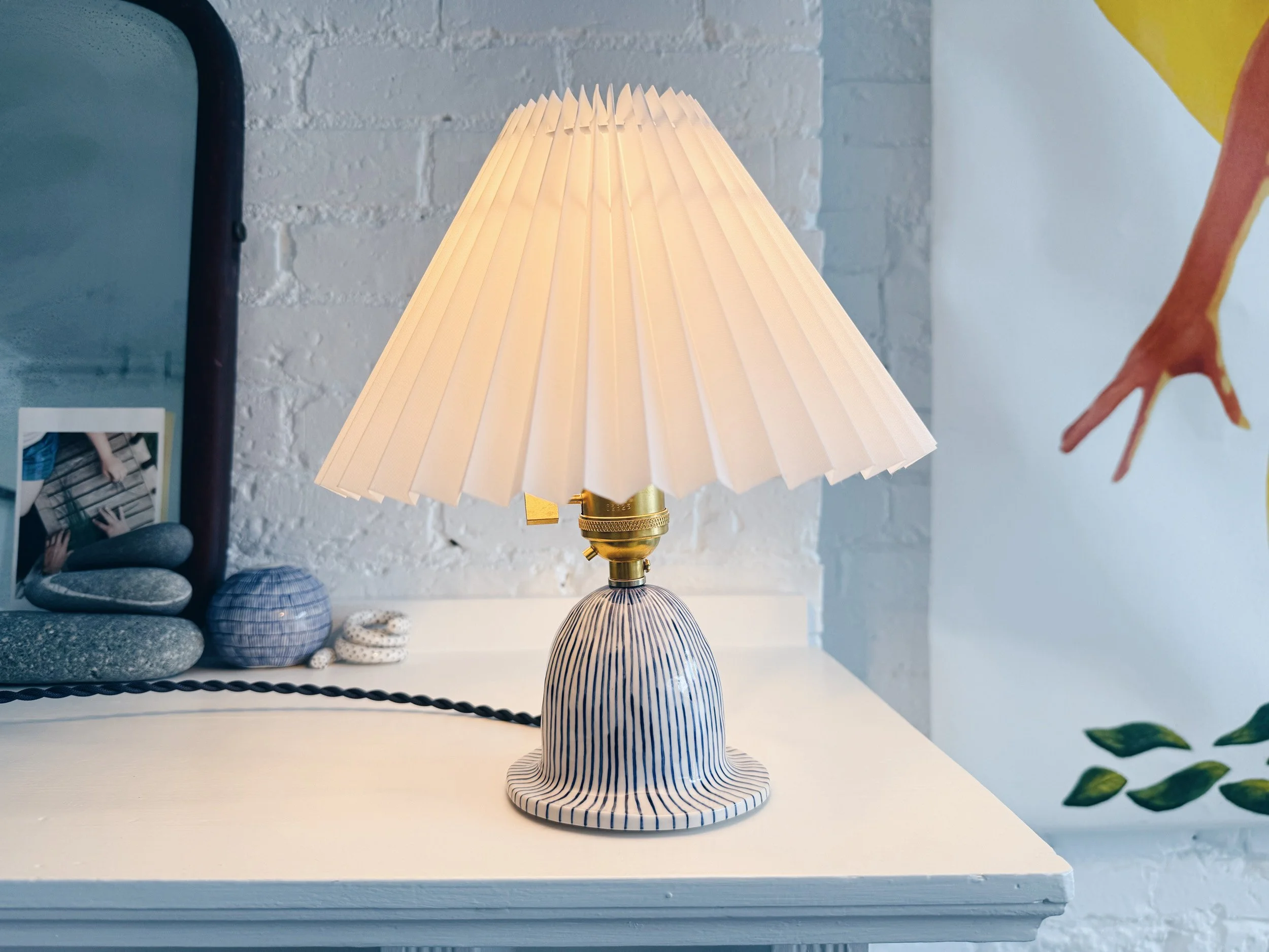 Blue and white, handmade ceramic lamp.