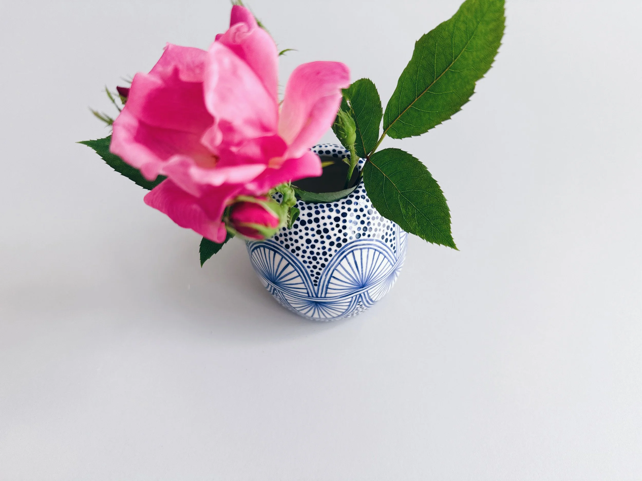 Blue and white, handmade ceramic vase.