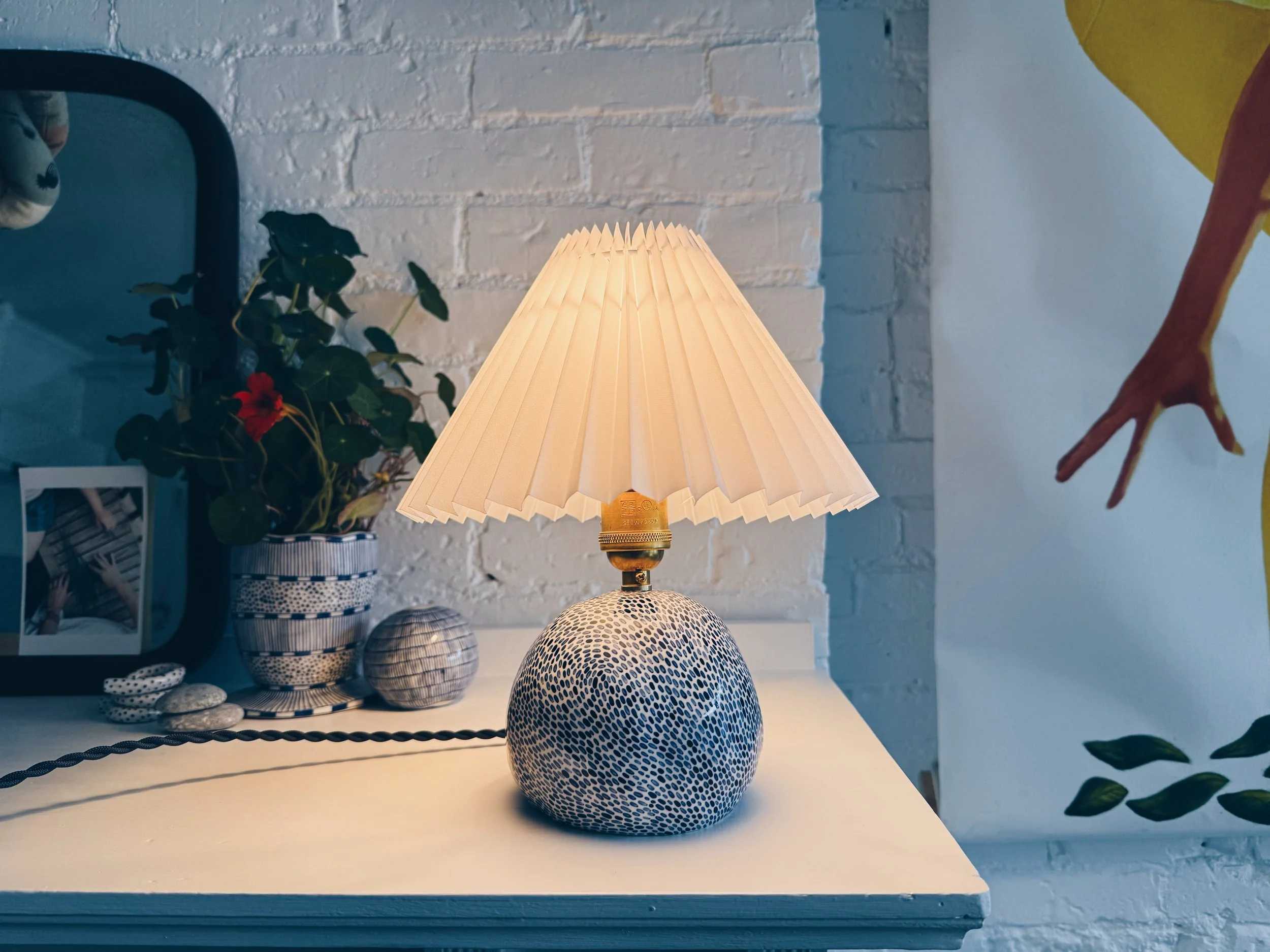 Blue and white, handmade ceramic lamp.