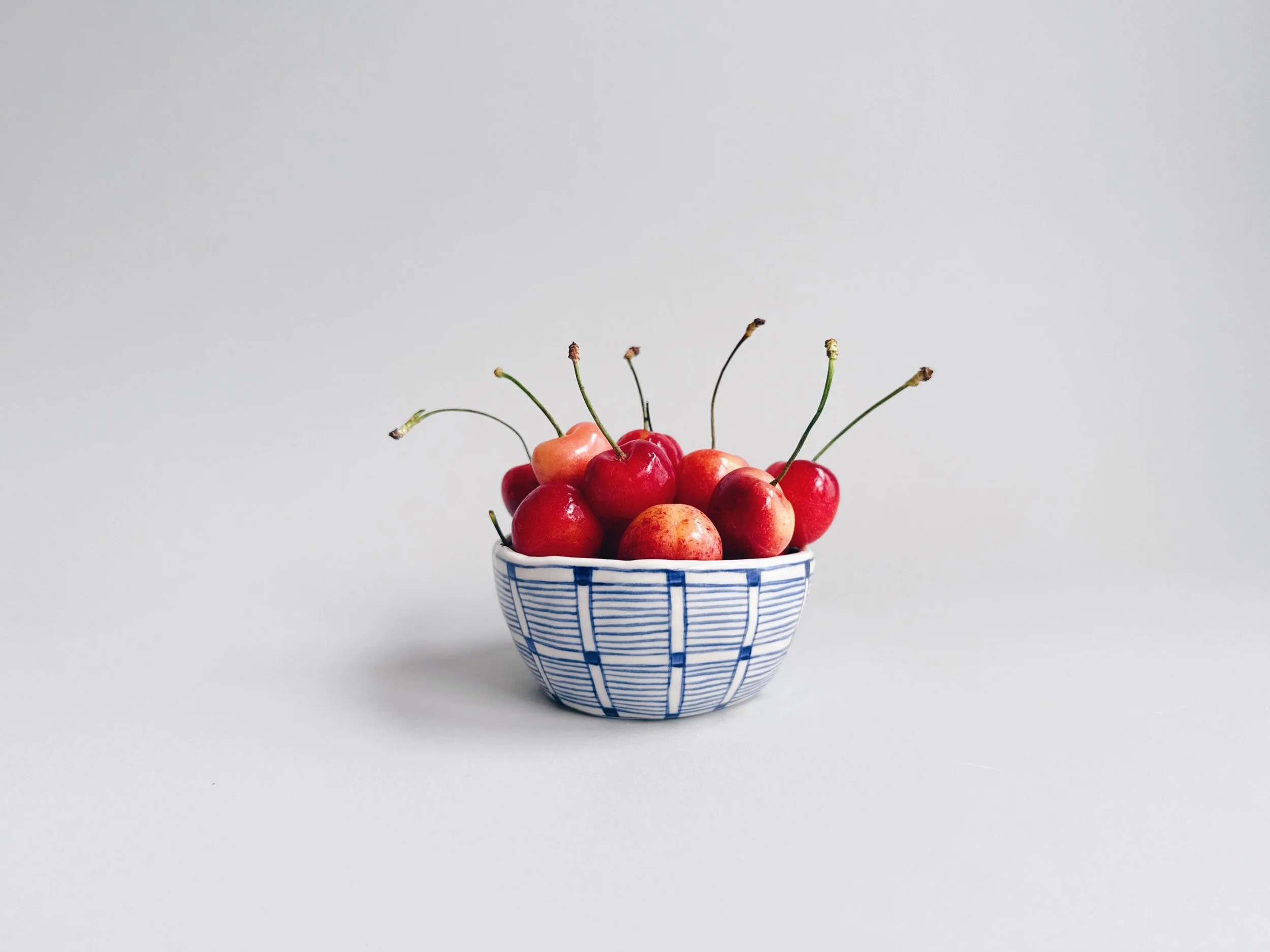 Blue and white, handmade ceramic bowl.