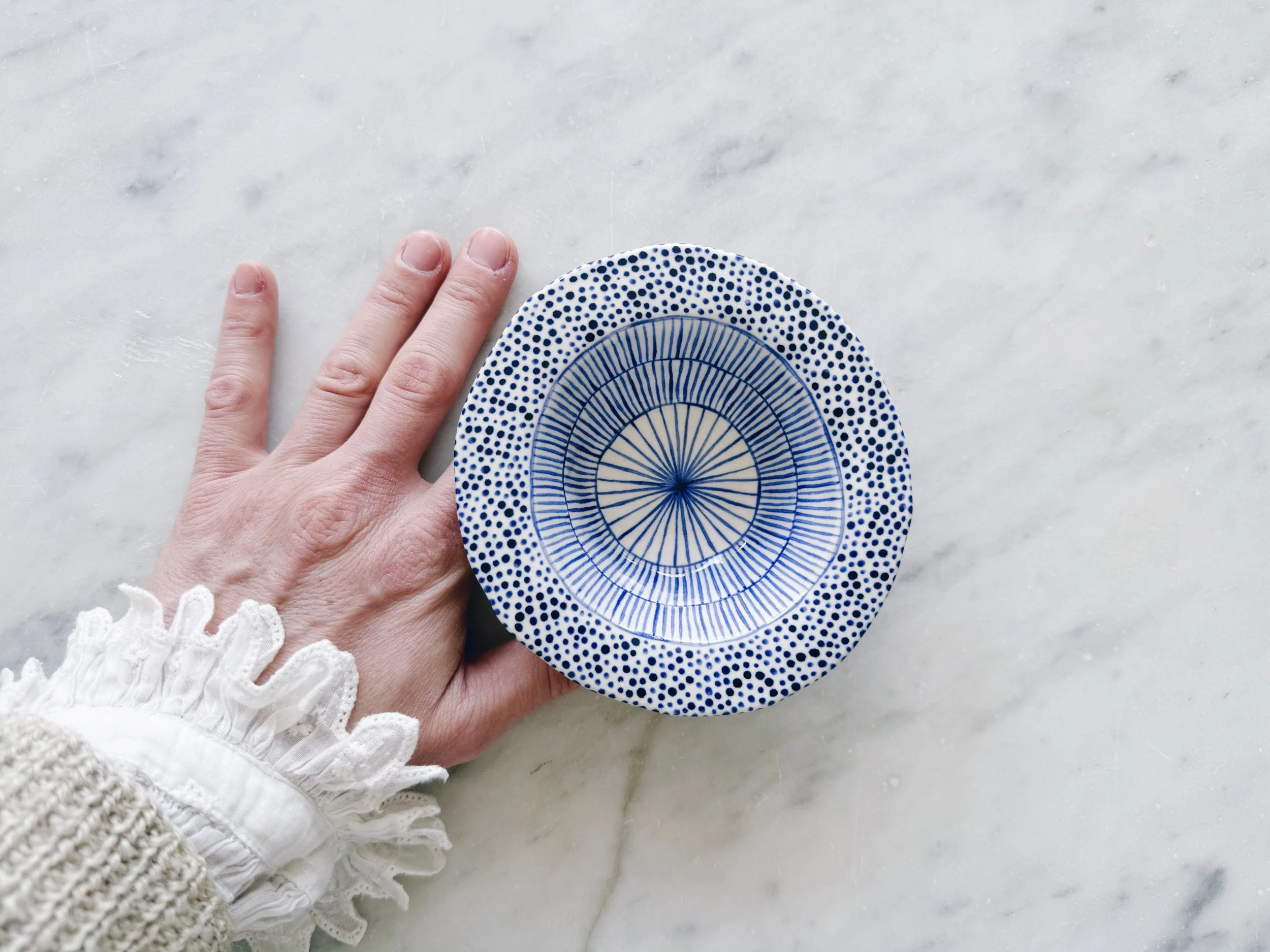 Blue and white, handmade ceramic bowl.