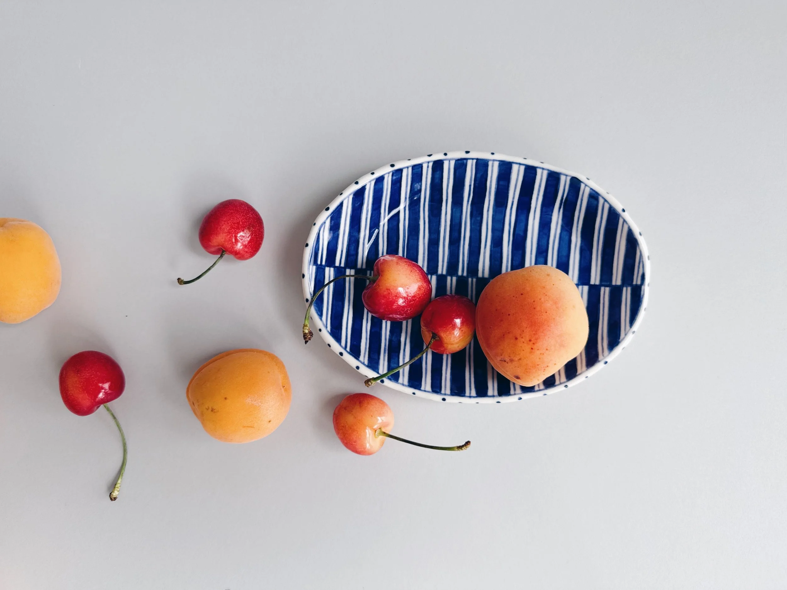 Blue and white, handmade ceramic dish.