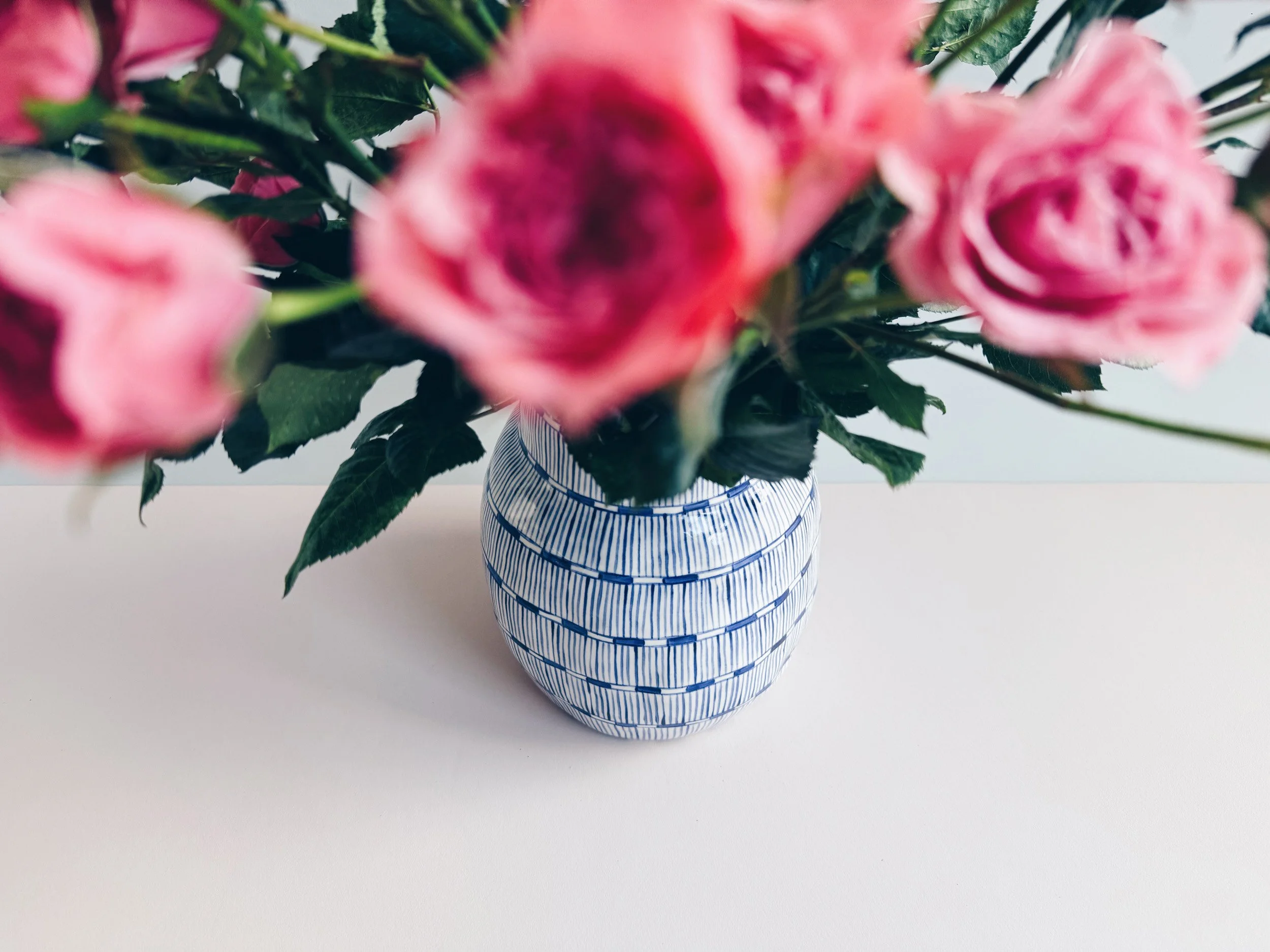 Blue and white, handmade ceramic vase.