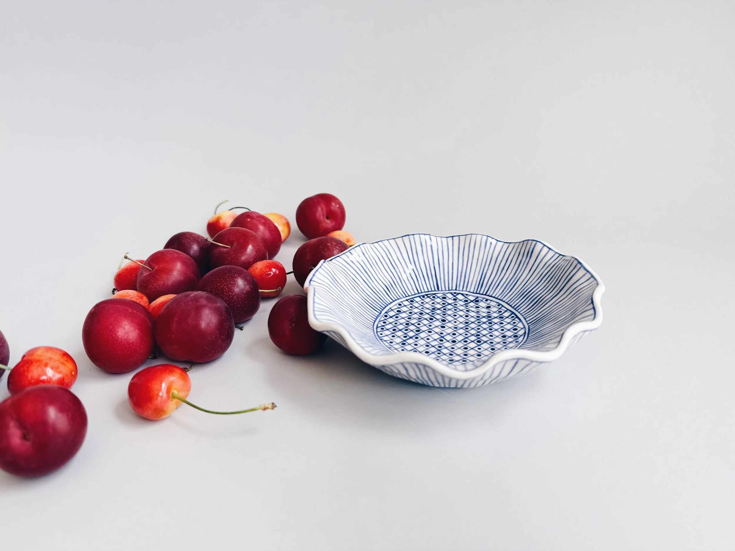 Blue and white, handmade ceramic bowl.