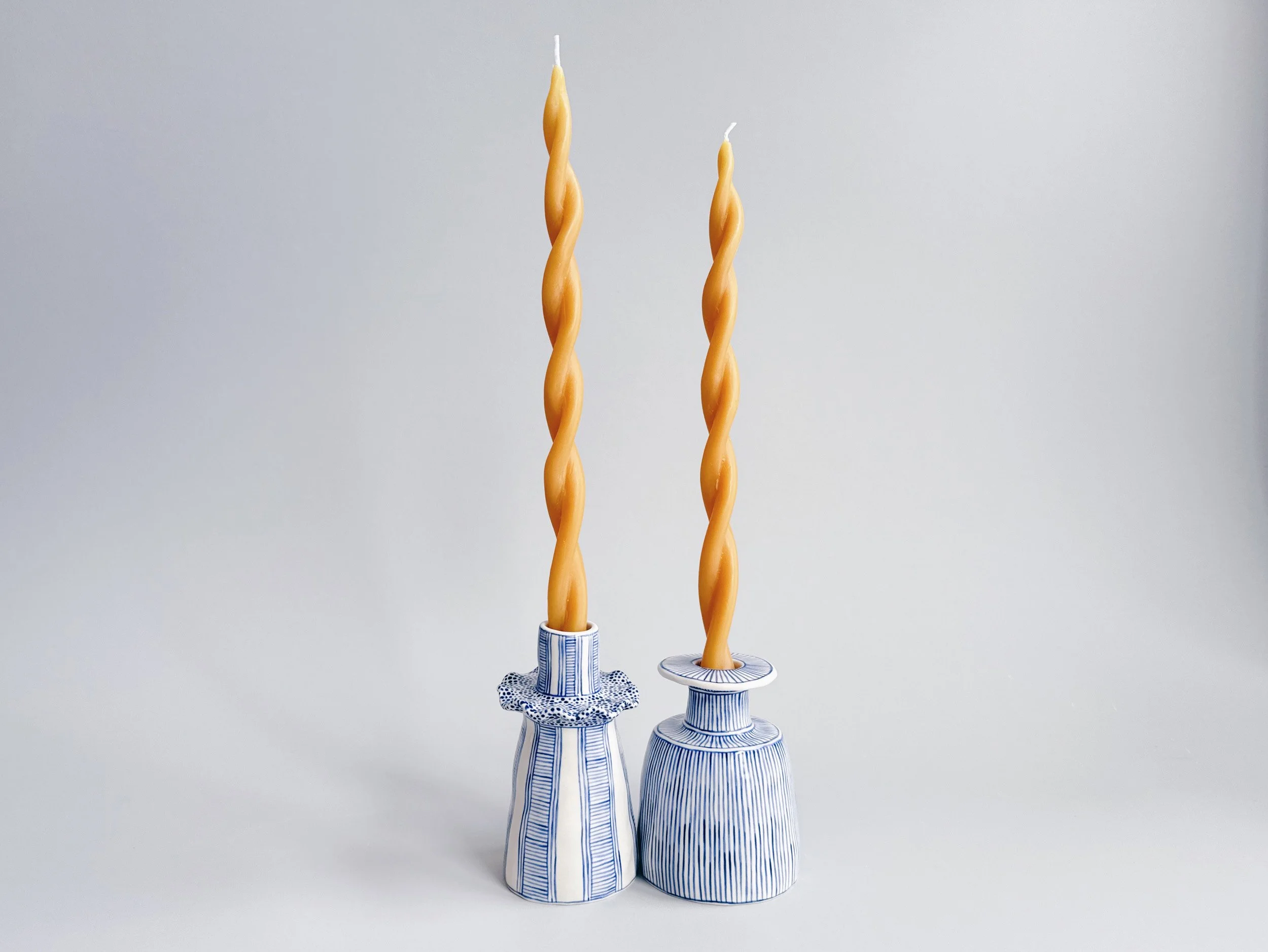 Blue and white, handmade ceramic candleholder.