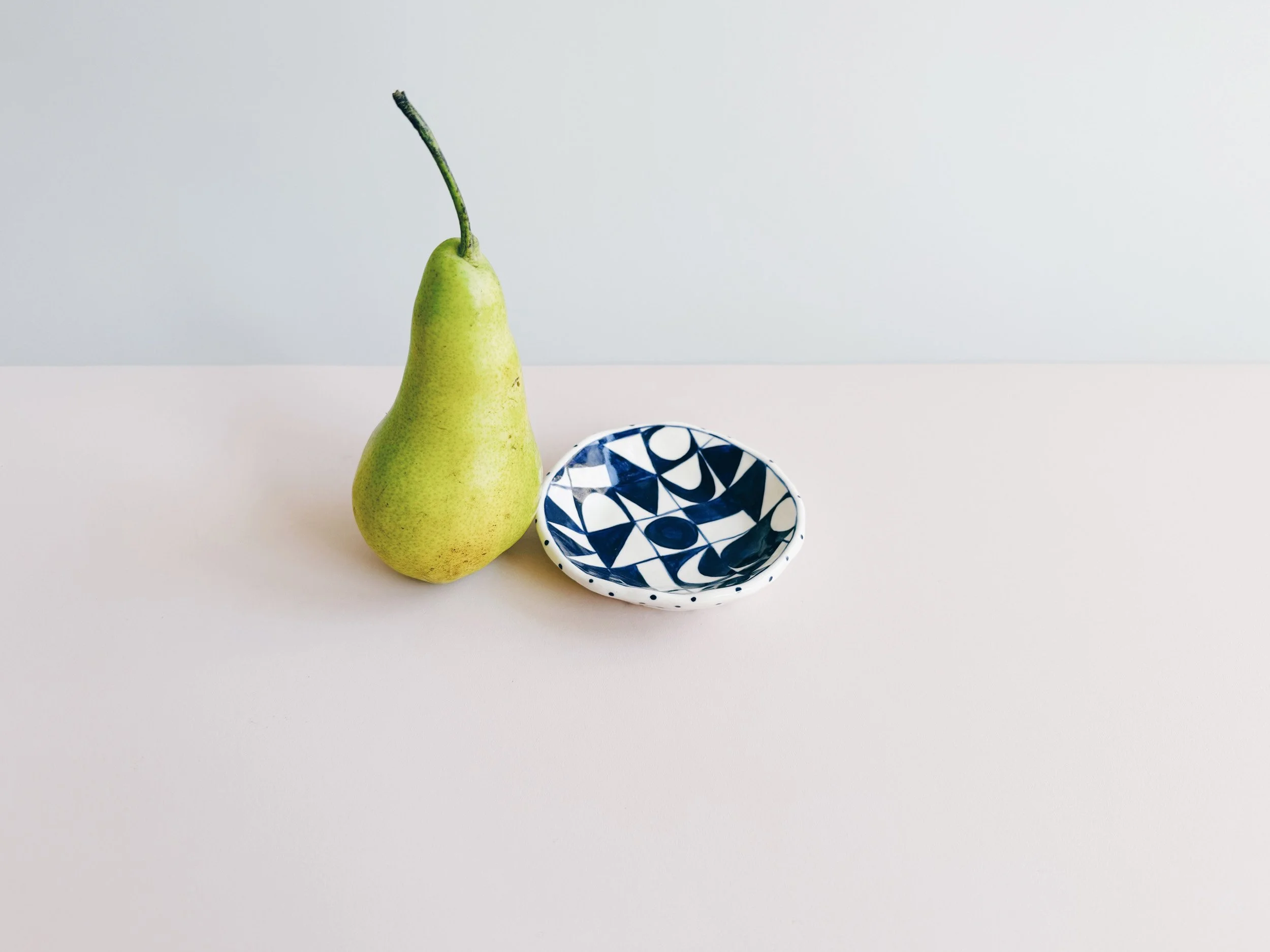 Blue and white, handmade ceramic dish.
