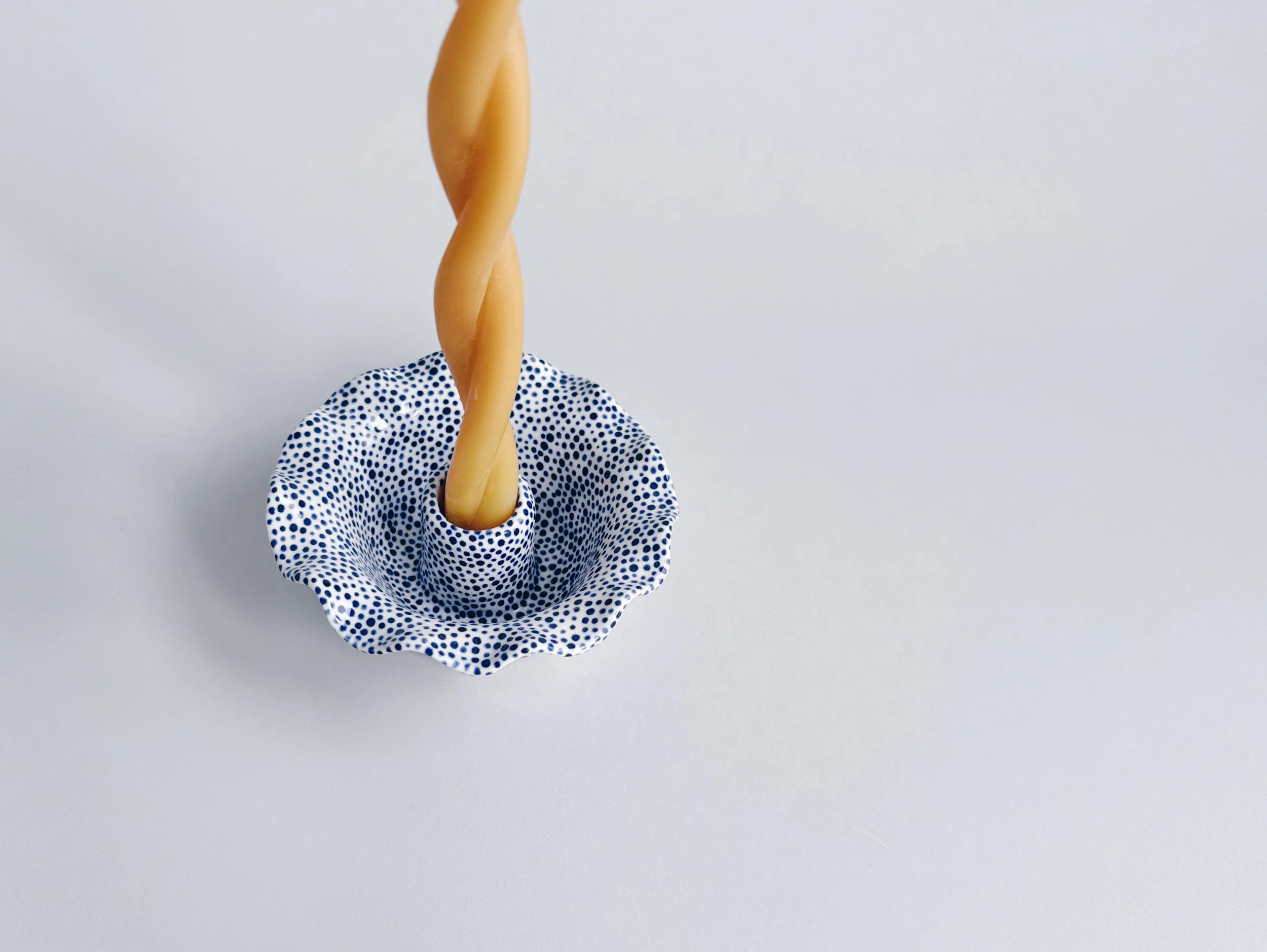 Blue and white, handmade ceramic candleholder.