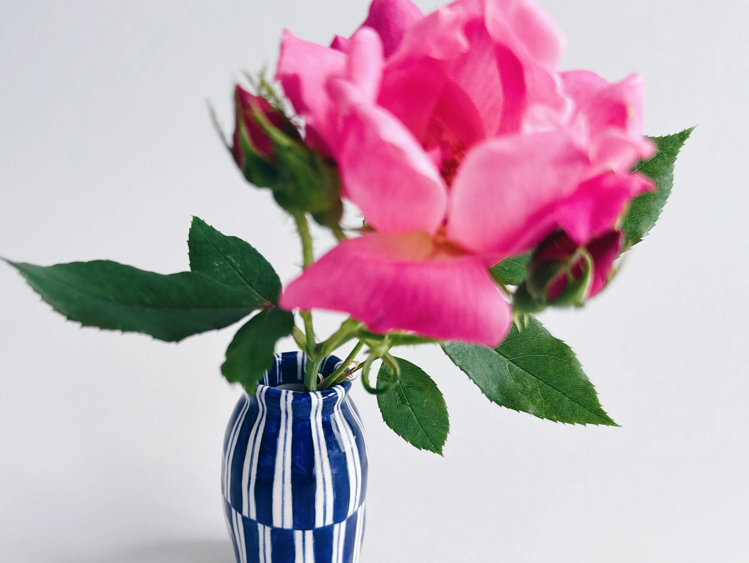 Blue and white, handmade ceramic vase.