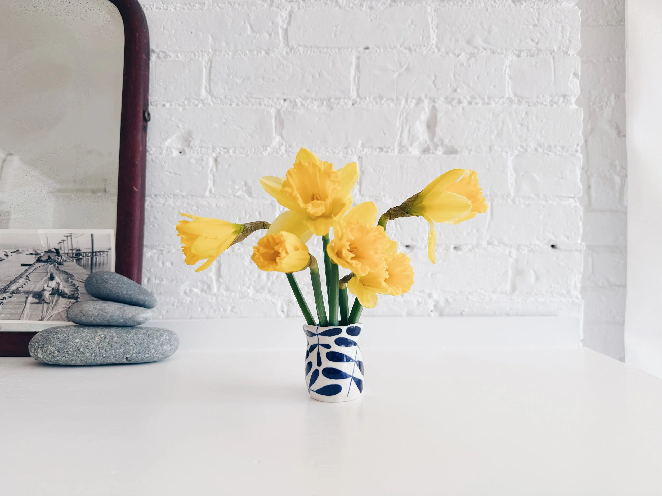 Blue and white, handmade ceramic vase.