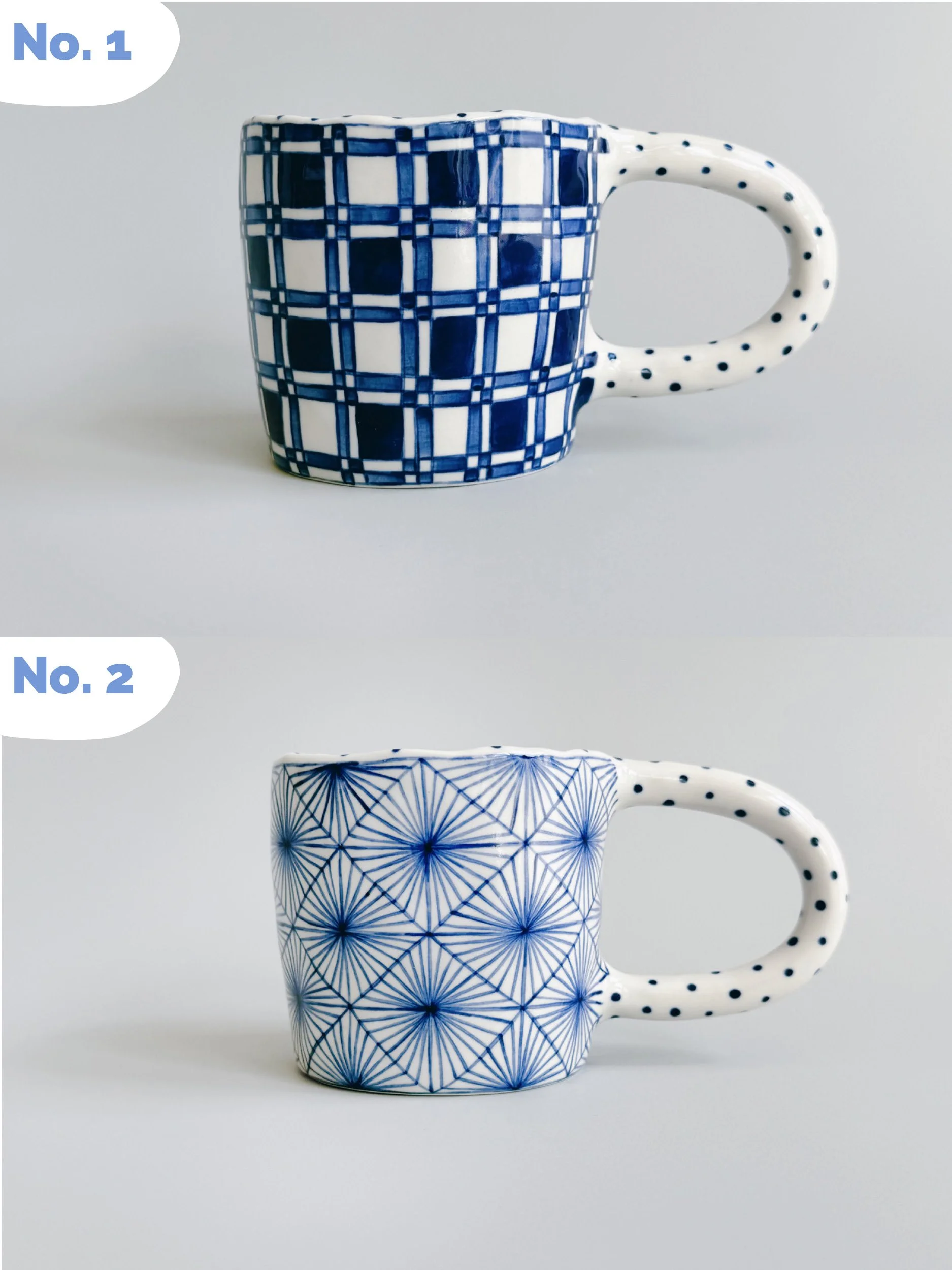 Blue and white, handmade ceramic mug.