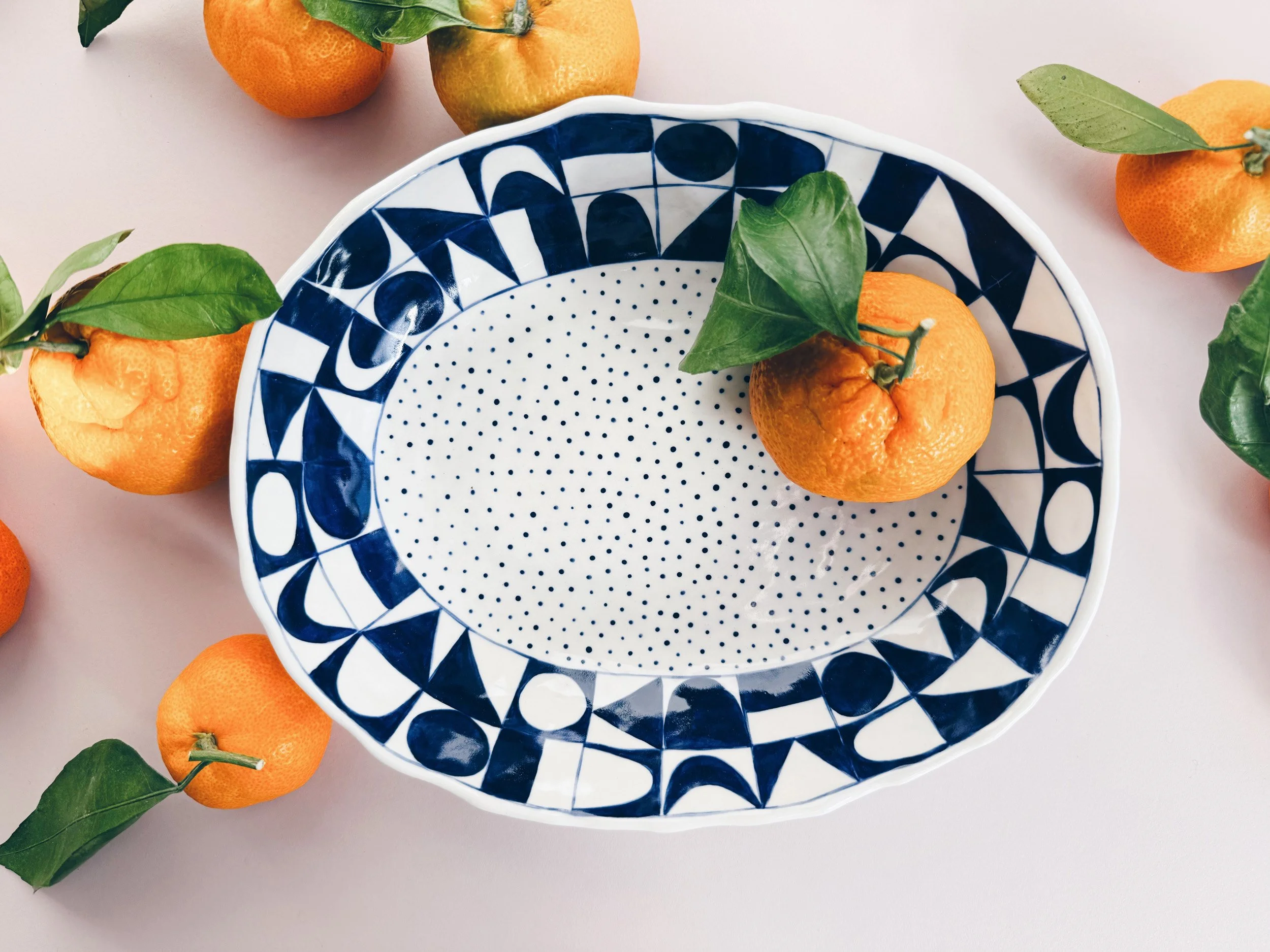 Blue and white, handmade ceramic bowl.