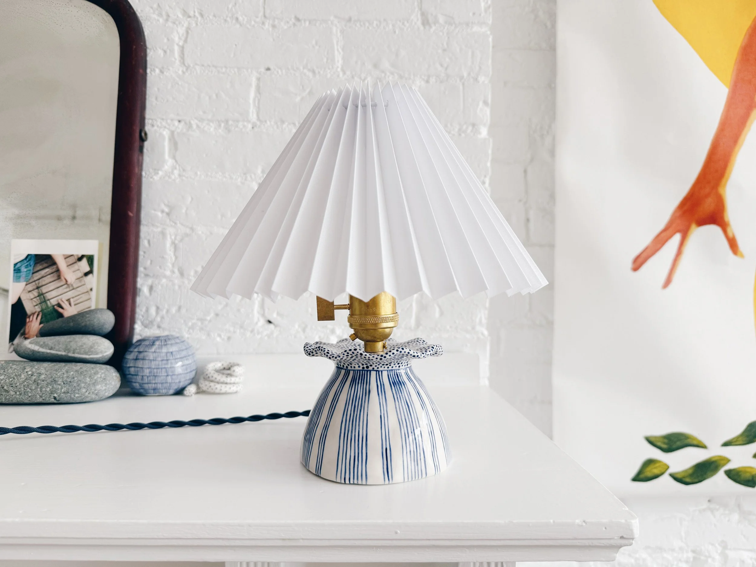 Blue and white, handmade ceramic lamp.