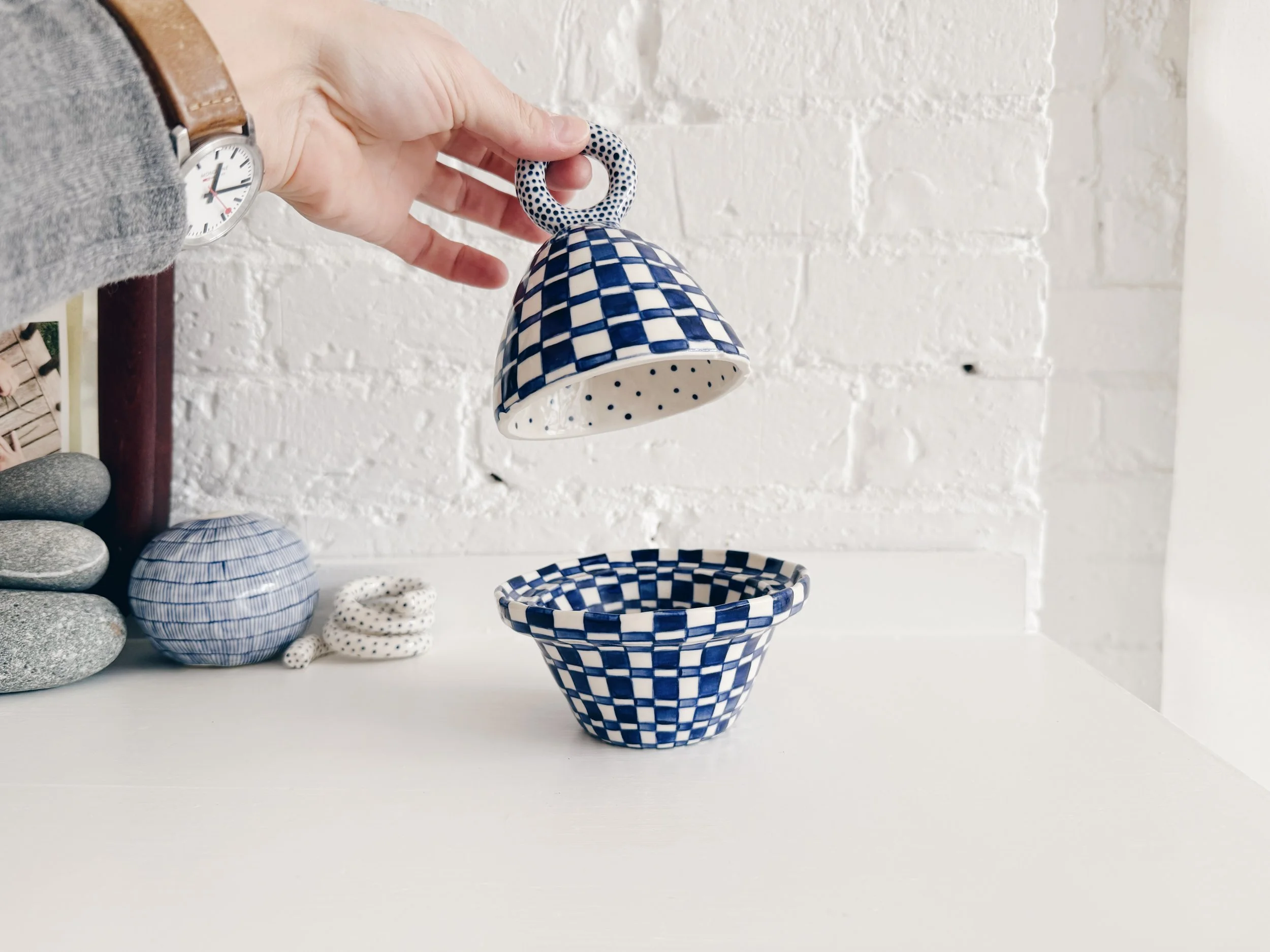 Blue and white, handmade ceramic jar.