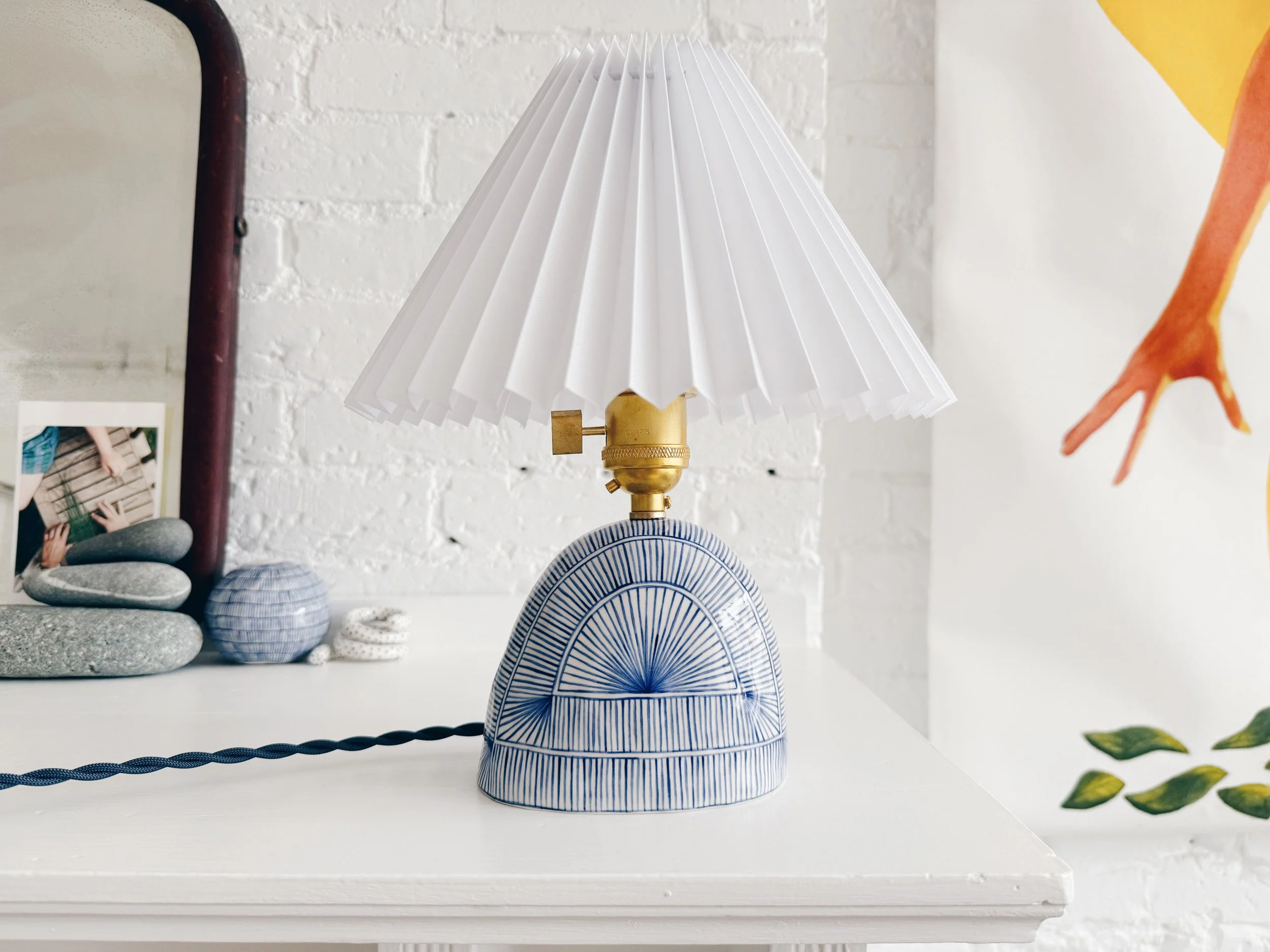 Blue and white, handmade ceramic lamp.