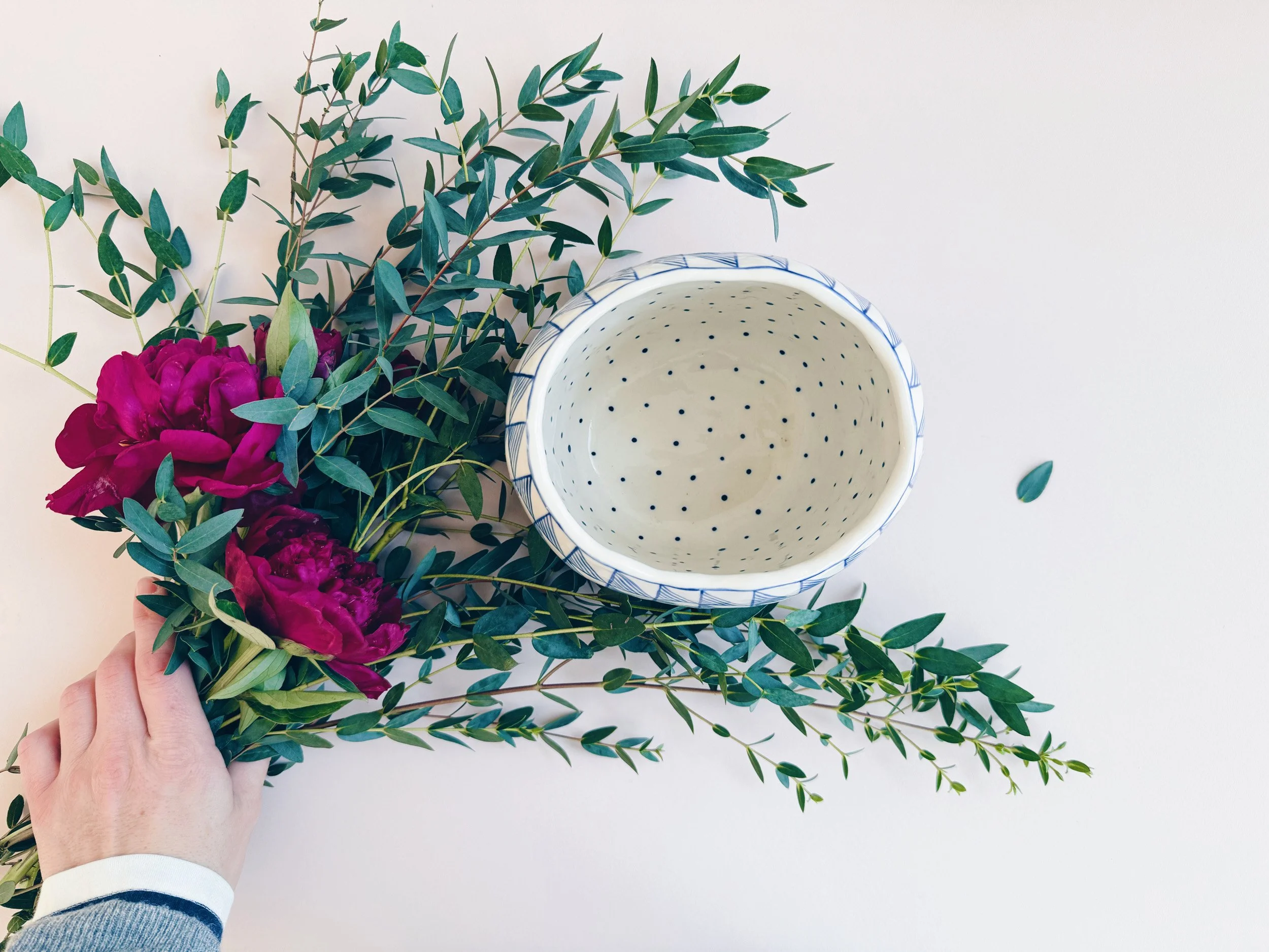 Blue and white, handmade ceramic vase.