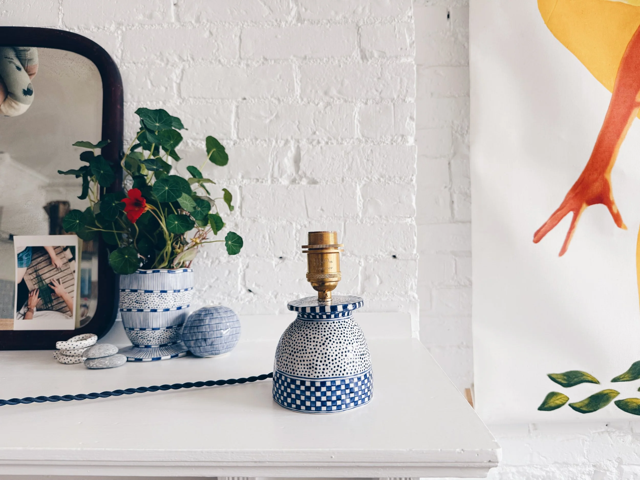 Blue and white, handmade ceramic lamp.