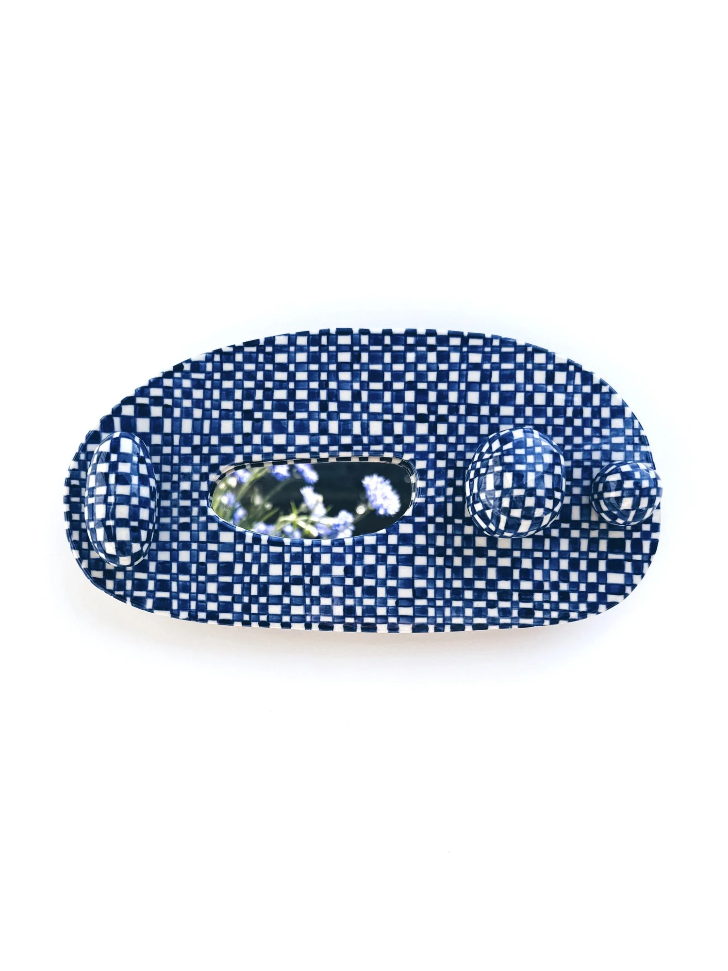 Blue and white, handmade ceramic mirror.