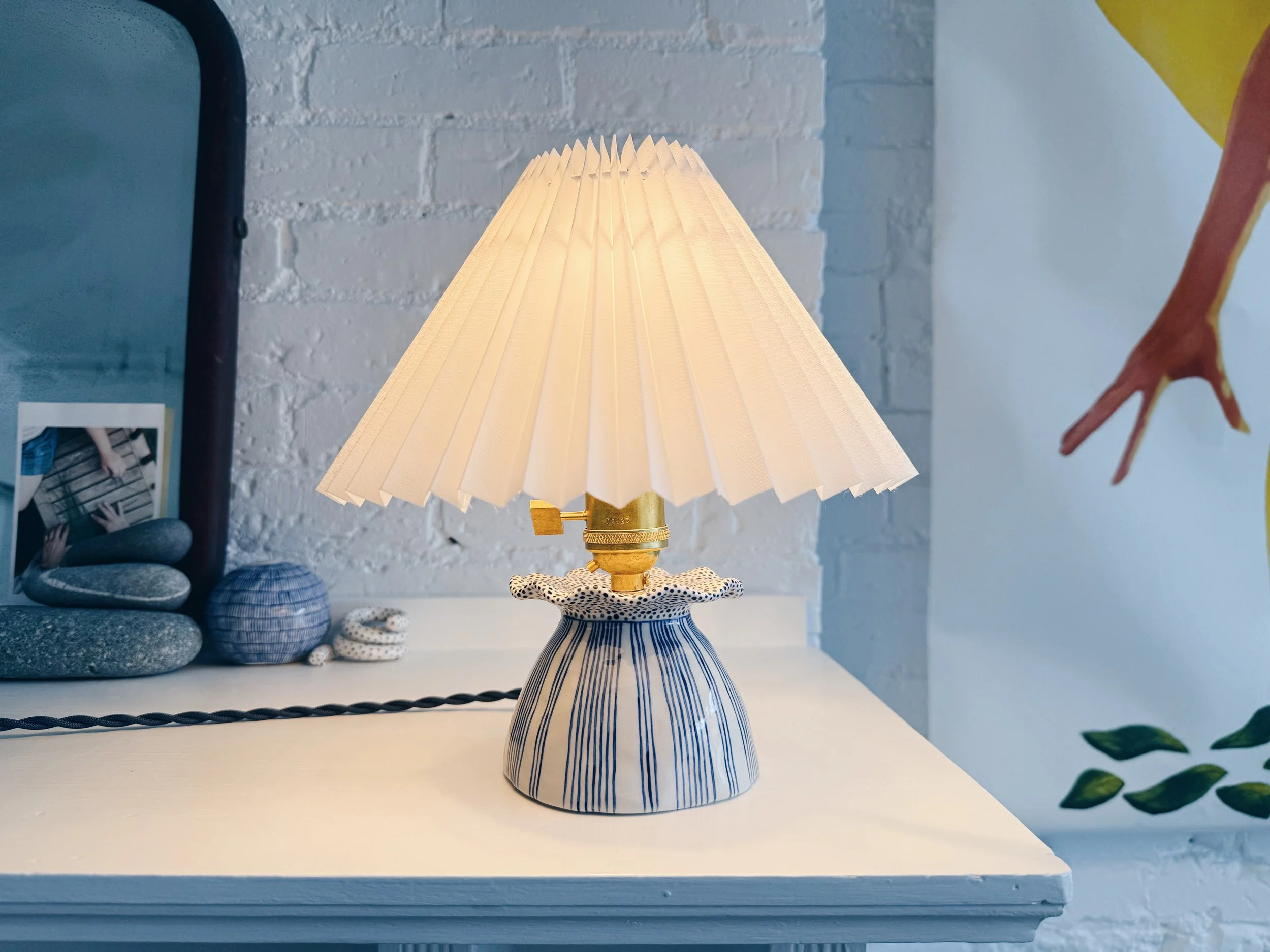 Blue and white, handmade ceramic lamp.