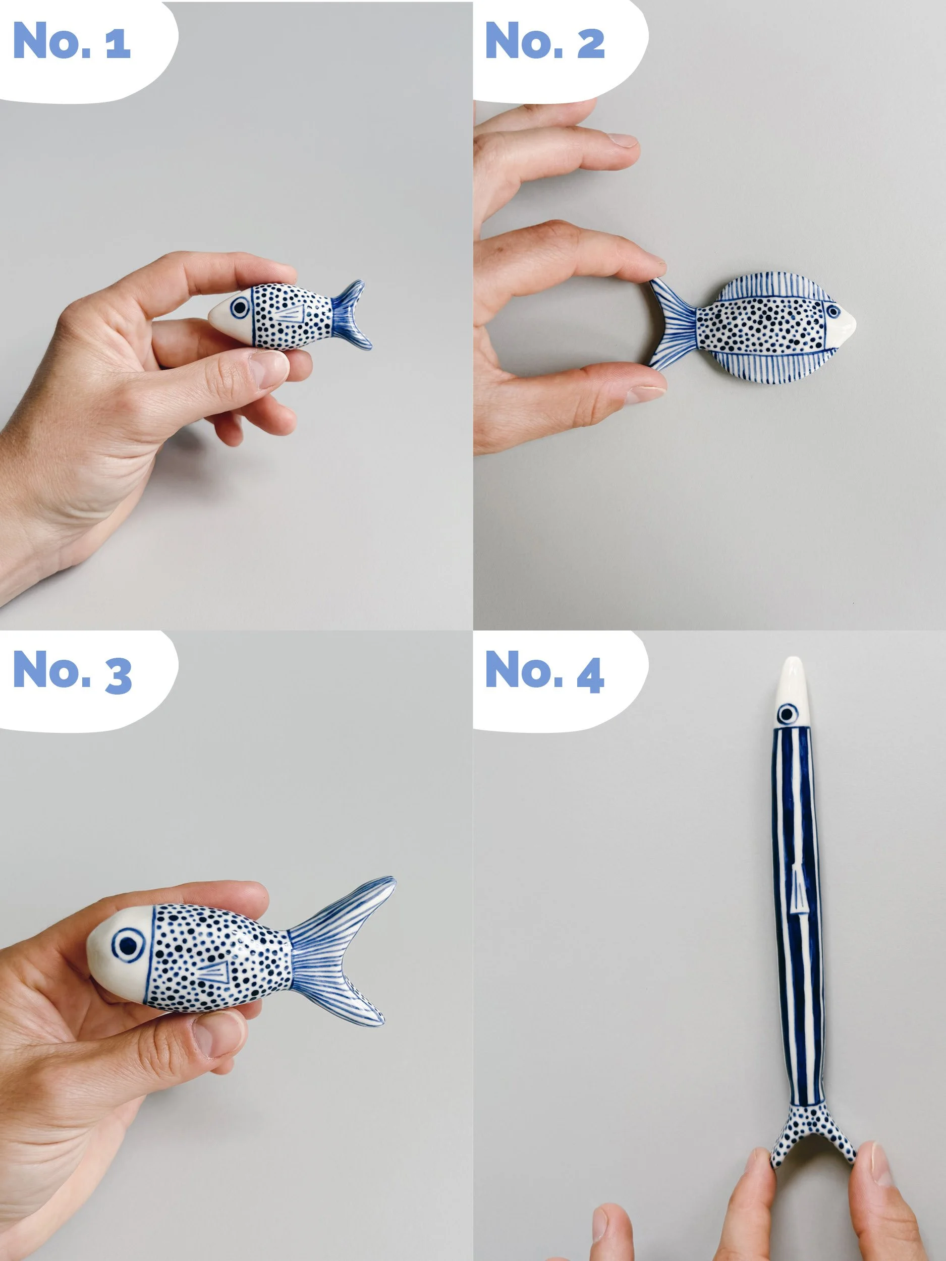 Blue and white, handmade ceramic fish.