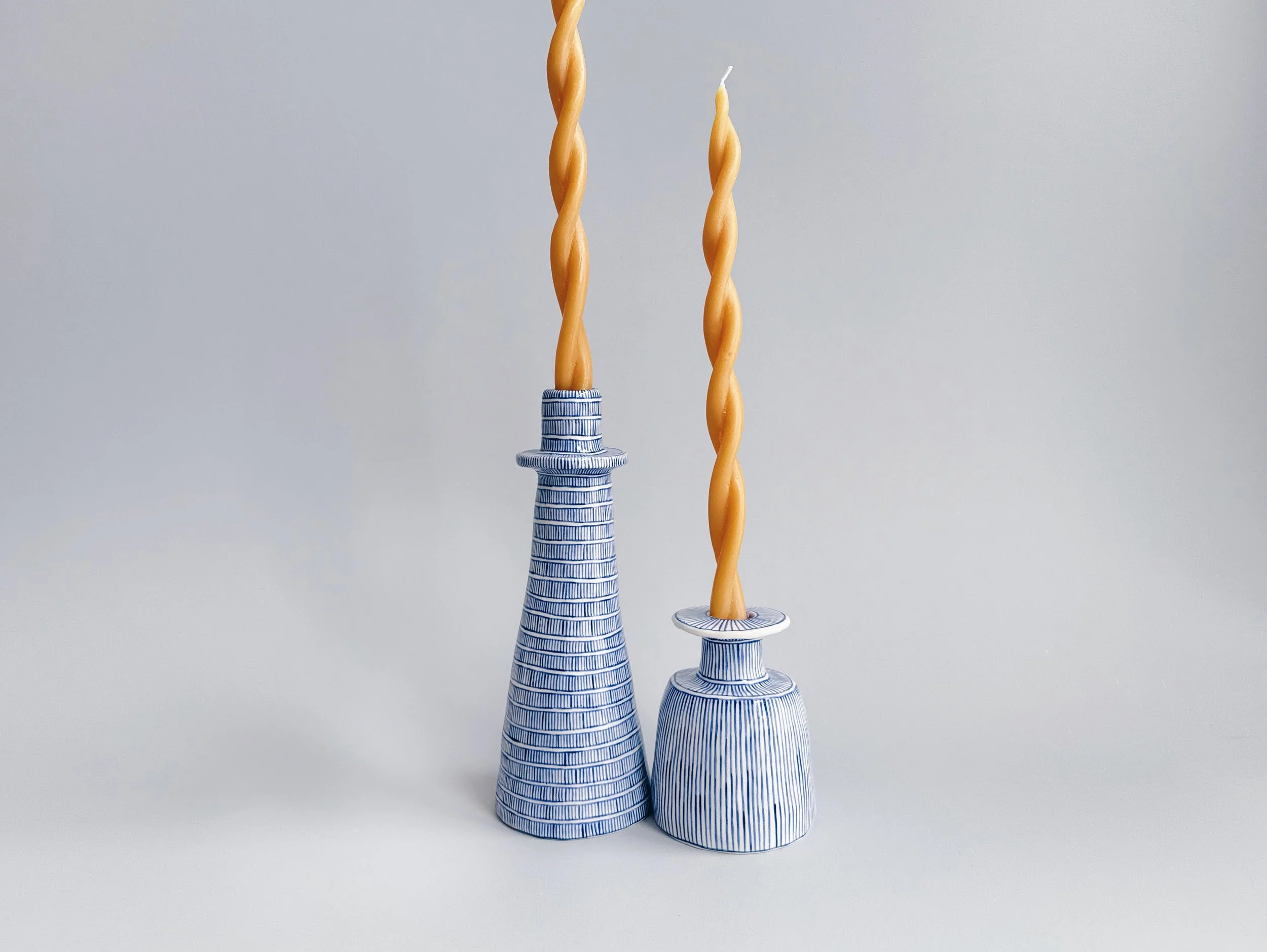 Blue and white, handmade ceramic candleholder.