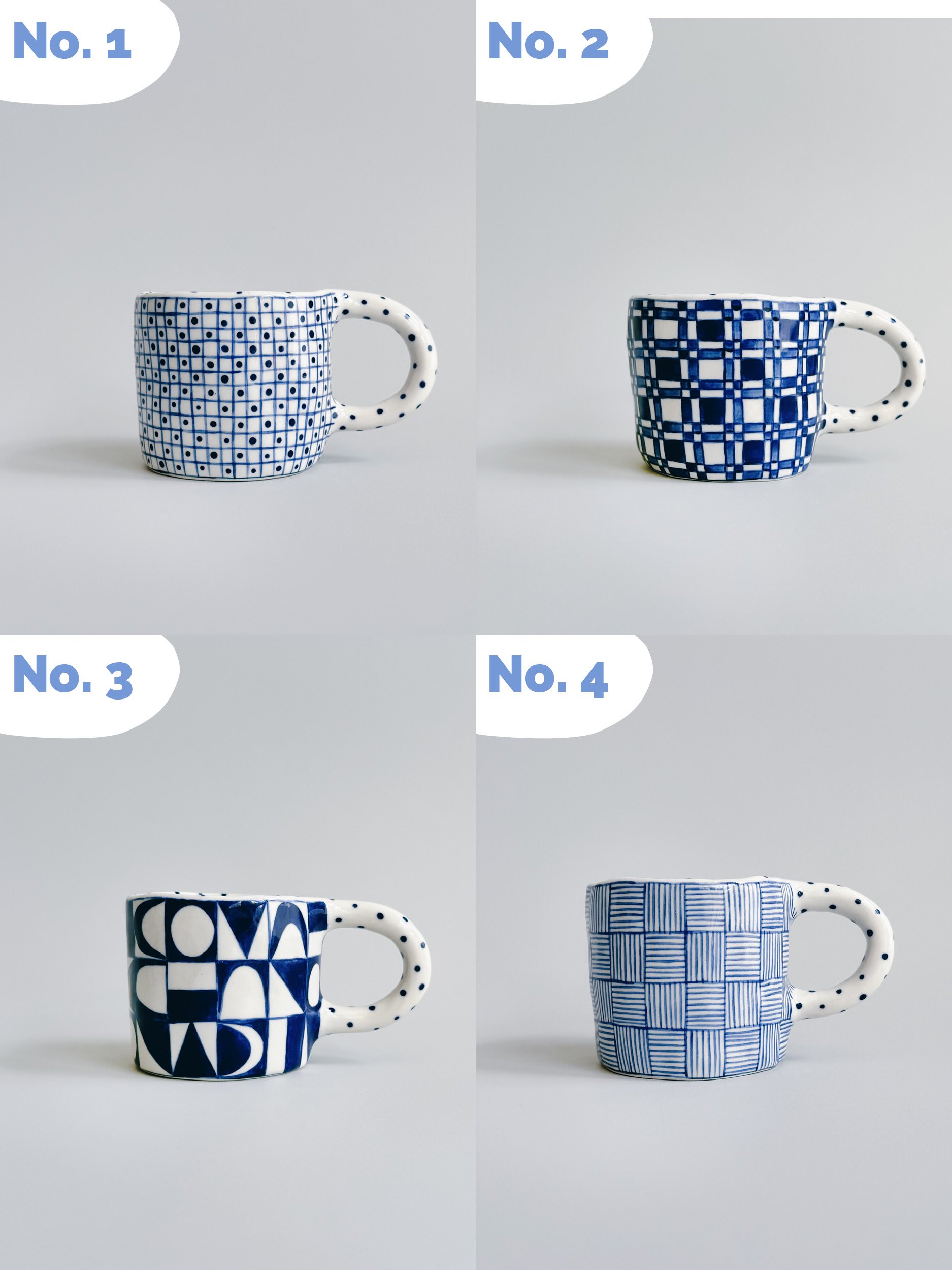 Blue and white, handmade ceramic mug.