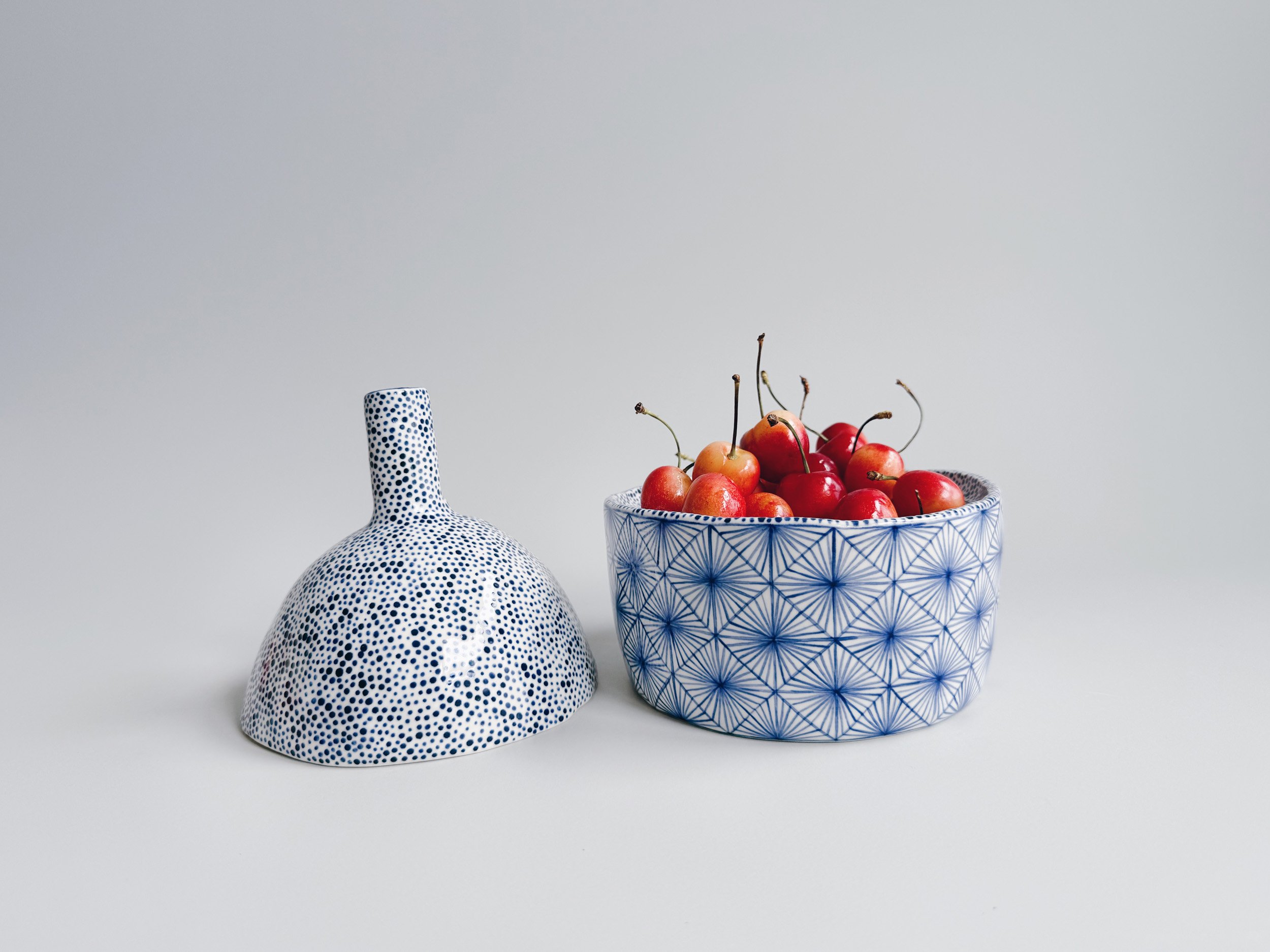 Blue and white, handmade ceramic jar.