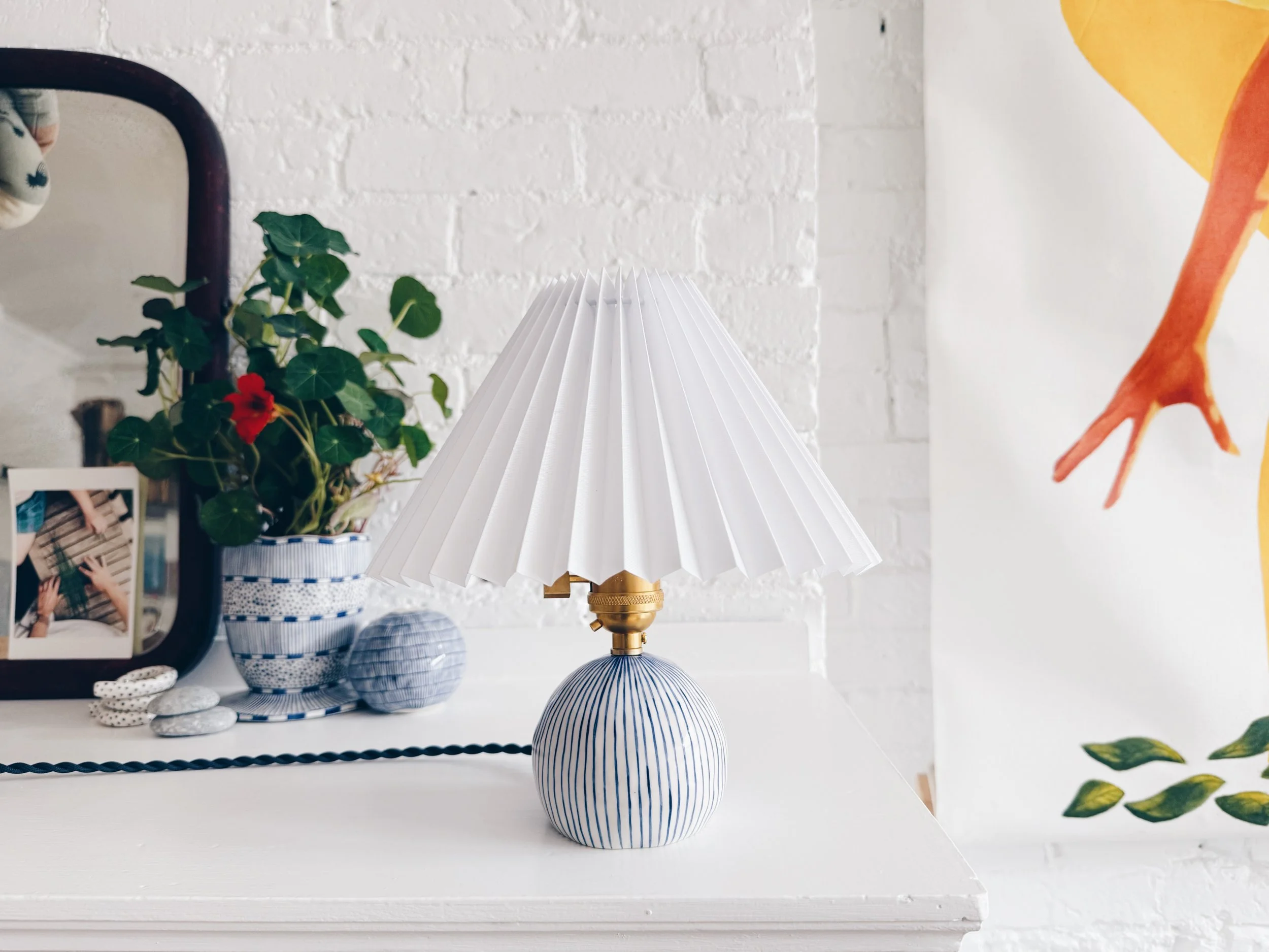 Blue and white, handmade ceramic lamp.