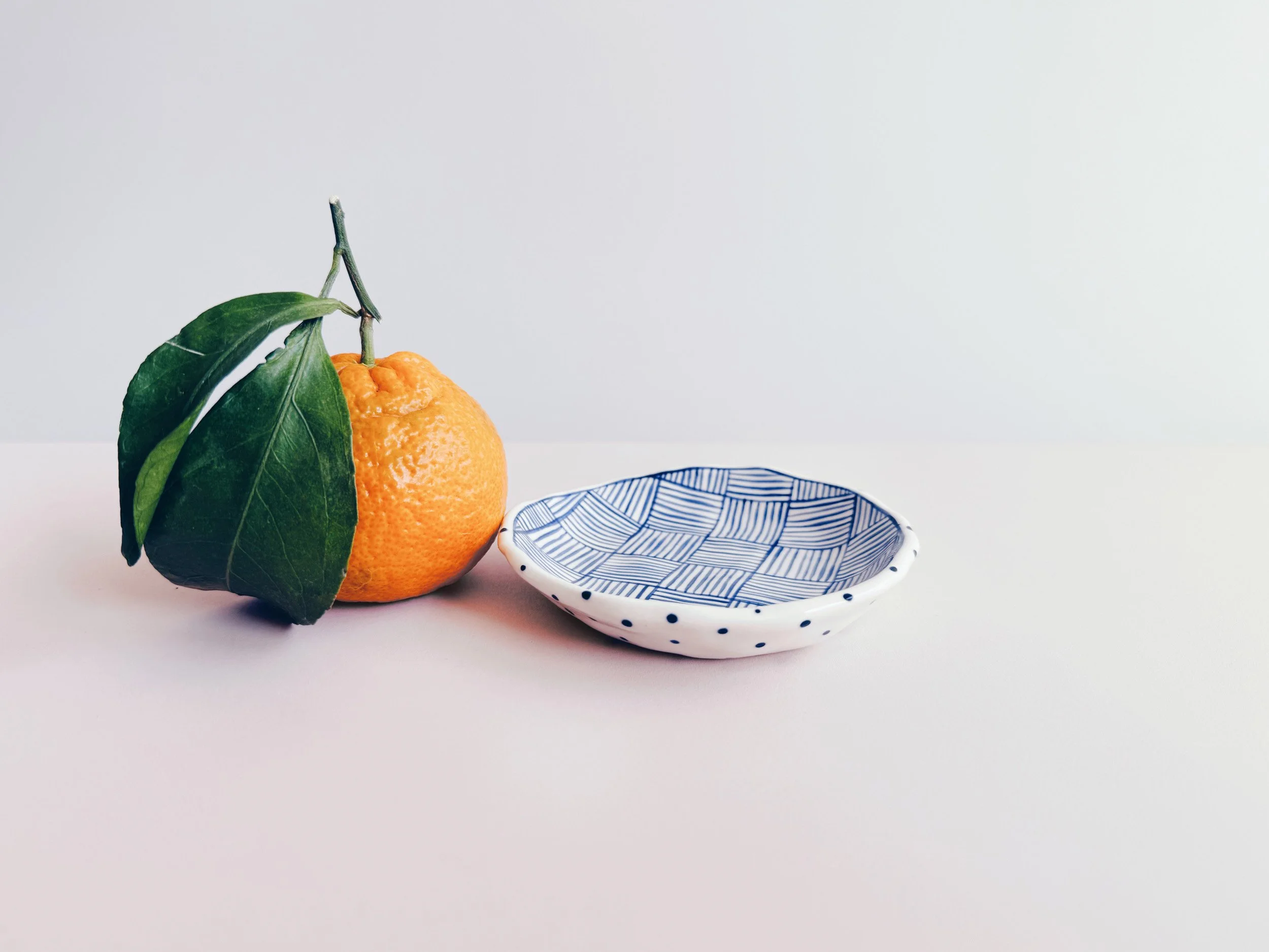 Blue and white, handmade ceramic dish.
