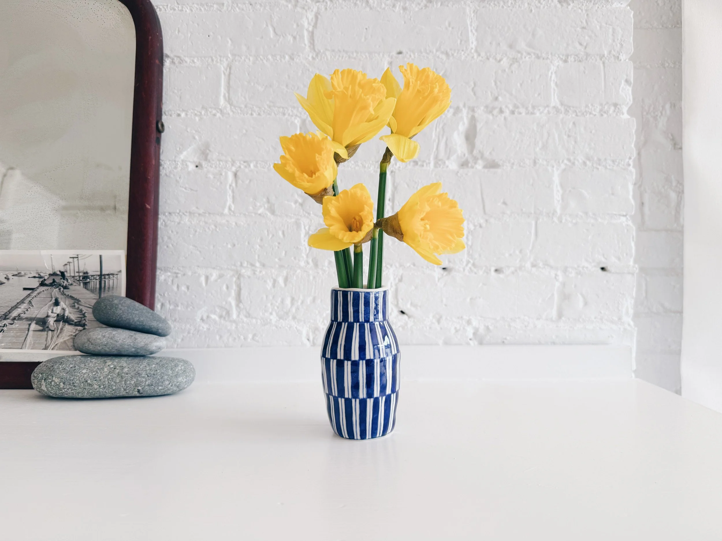 Blue and white, handmade ceramic vase.