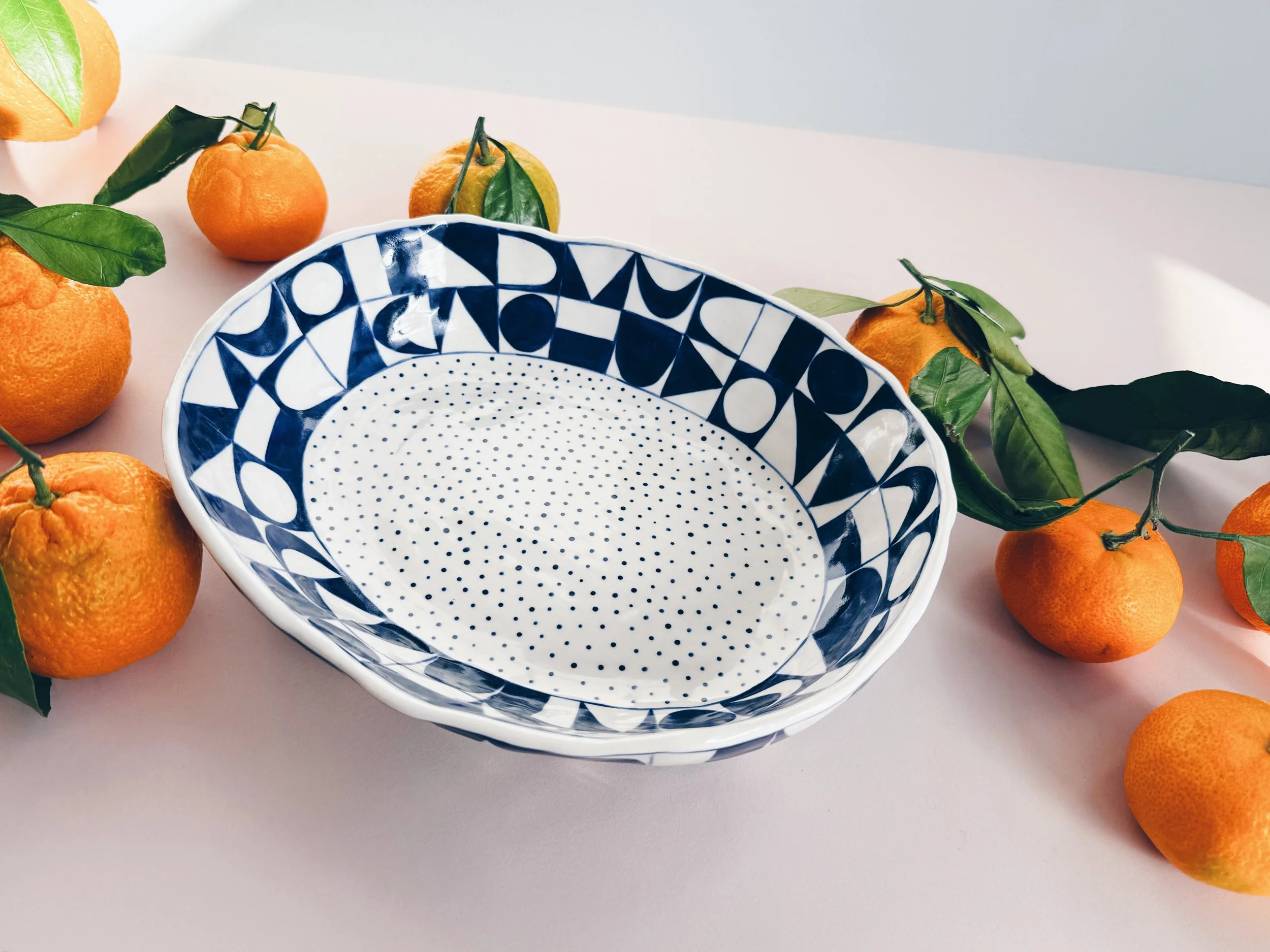 Blue and white, handmade ceramic bowl.