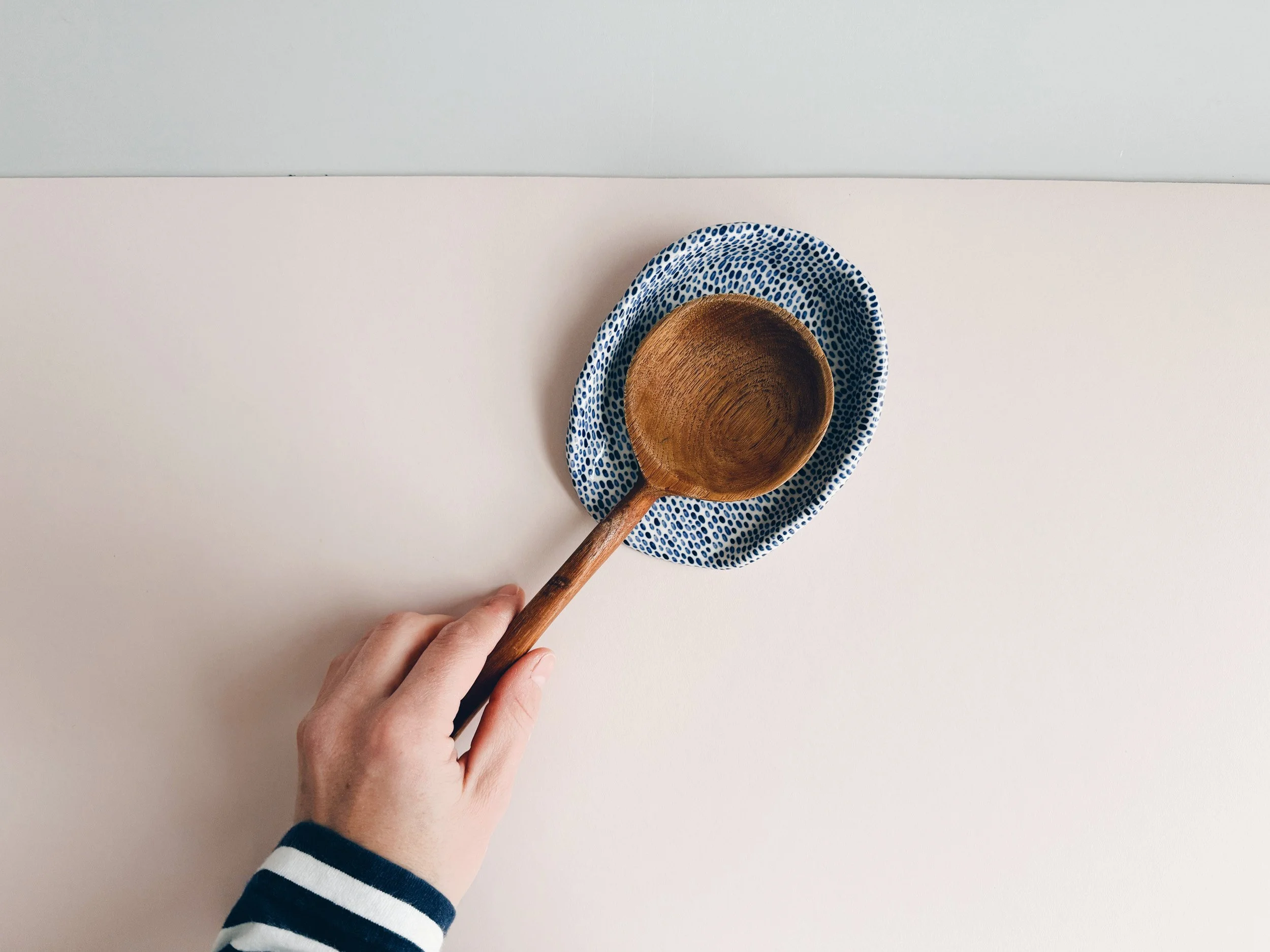 Blue and white, handmade ceramic spoon rest.