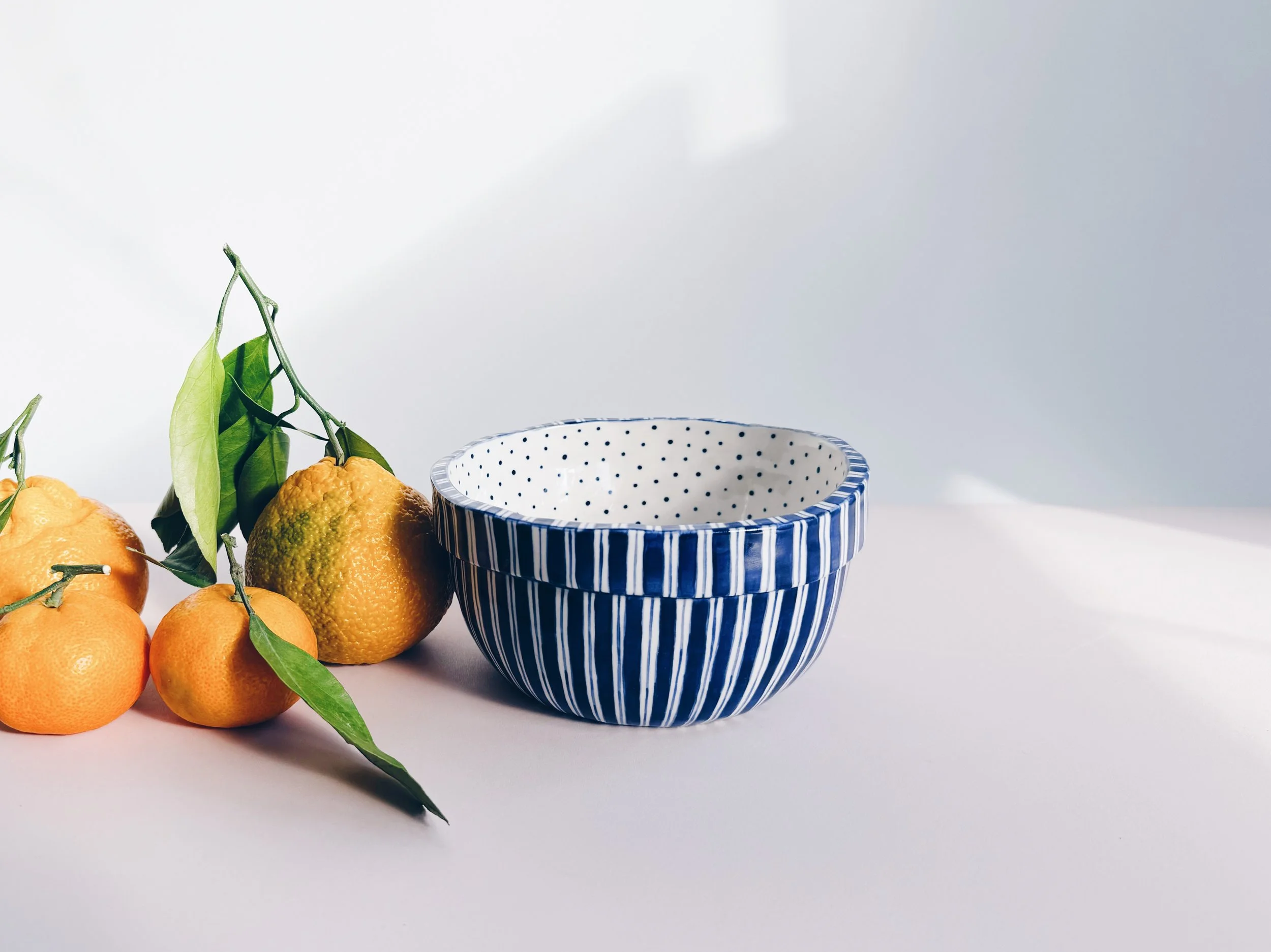 Blue and white, handmade ceramic bowl.