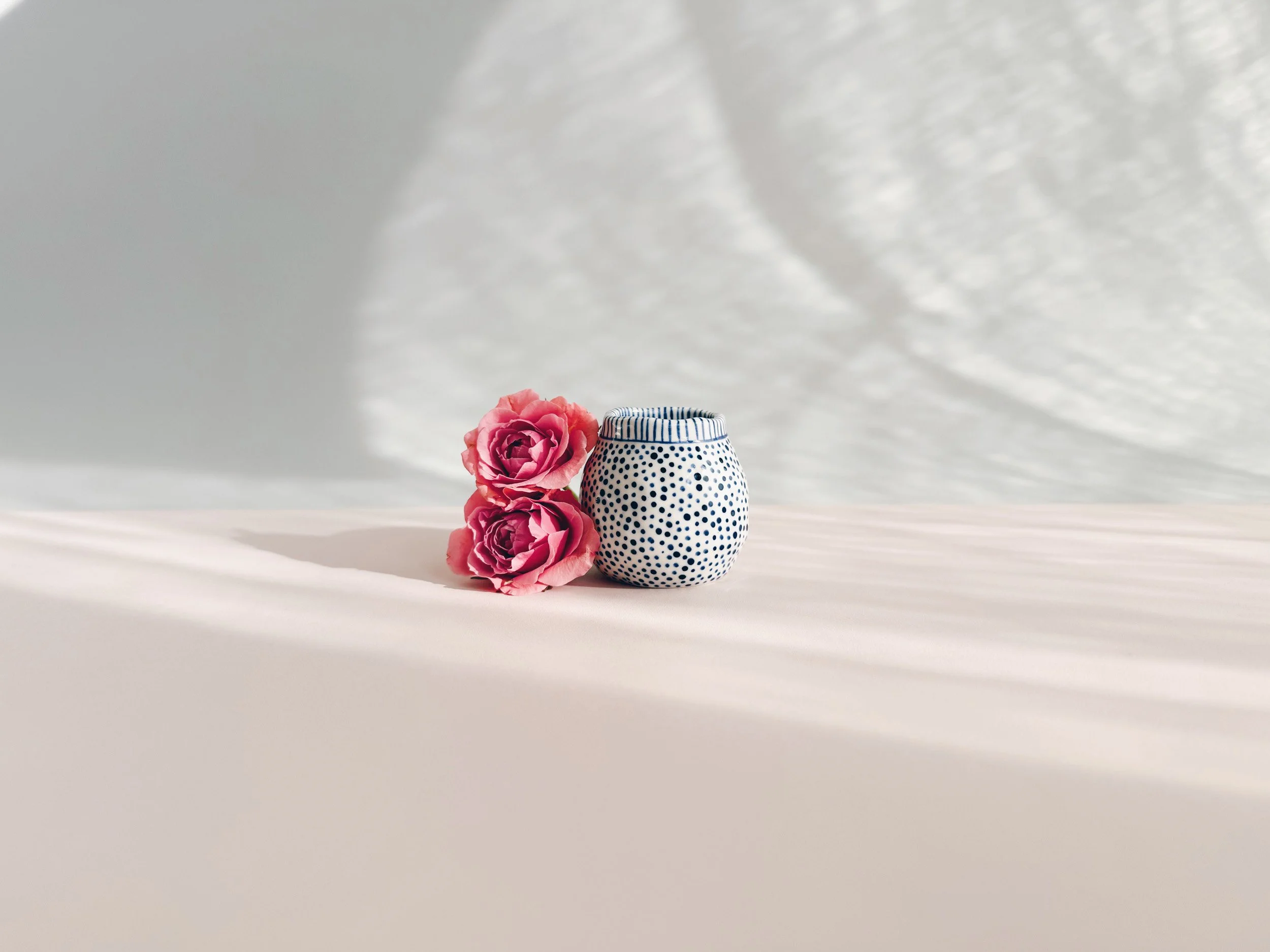 Blue and white, handmade ceramic vase.