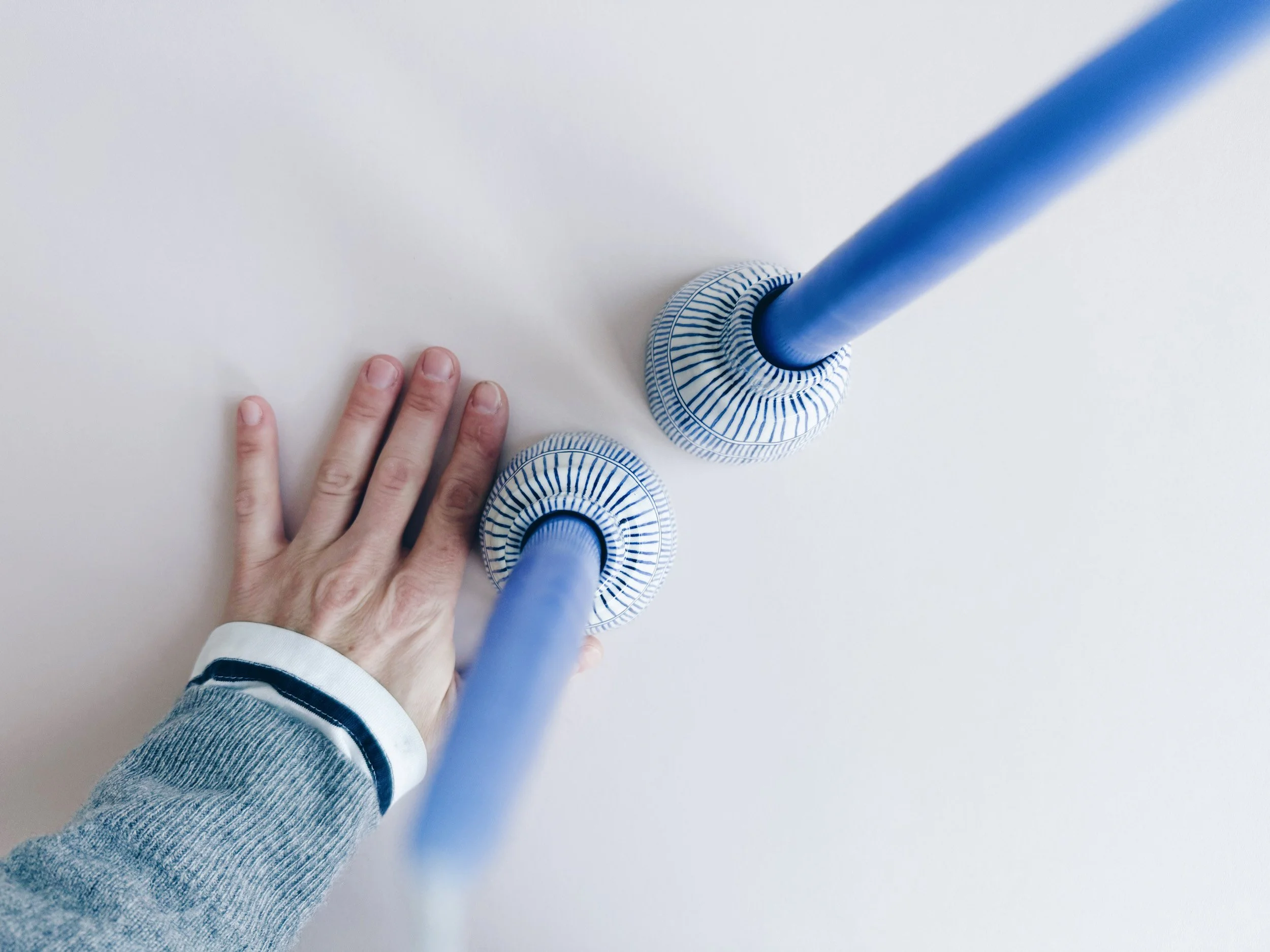 Blue and white, handmade ceramic candleholder.